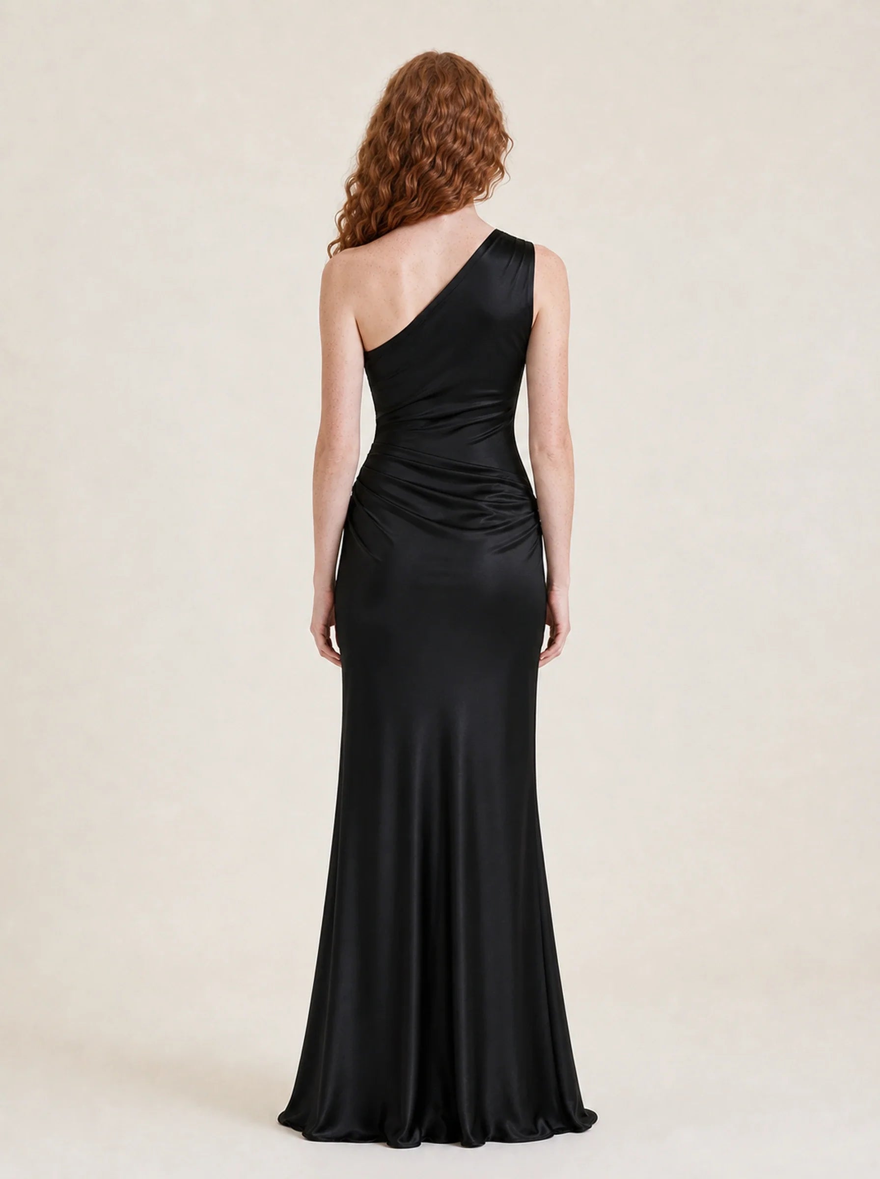 Satin One Shoulder Maxi Dress Celeste Rose — Black, back view