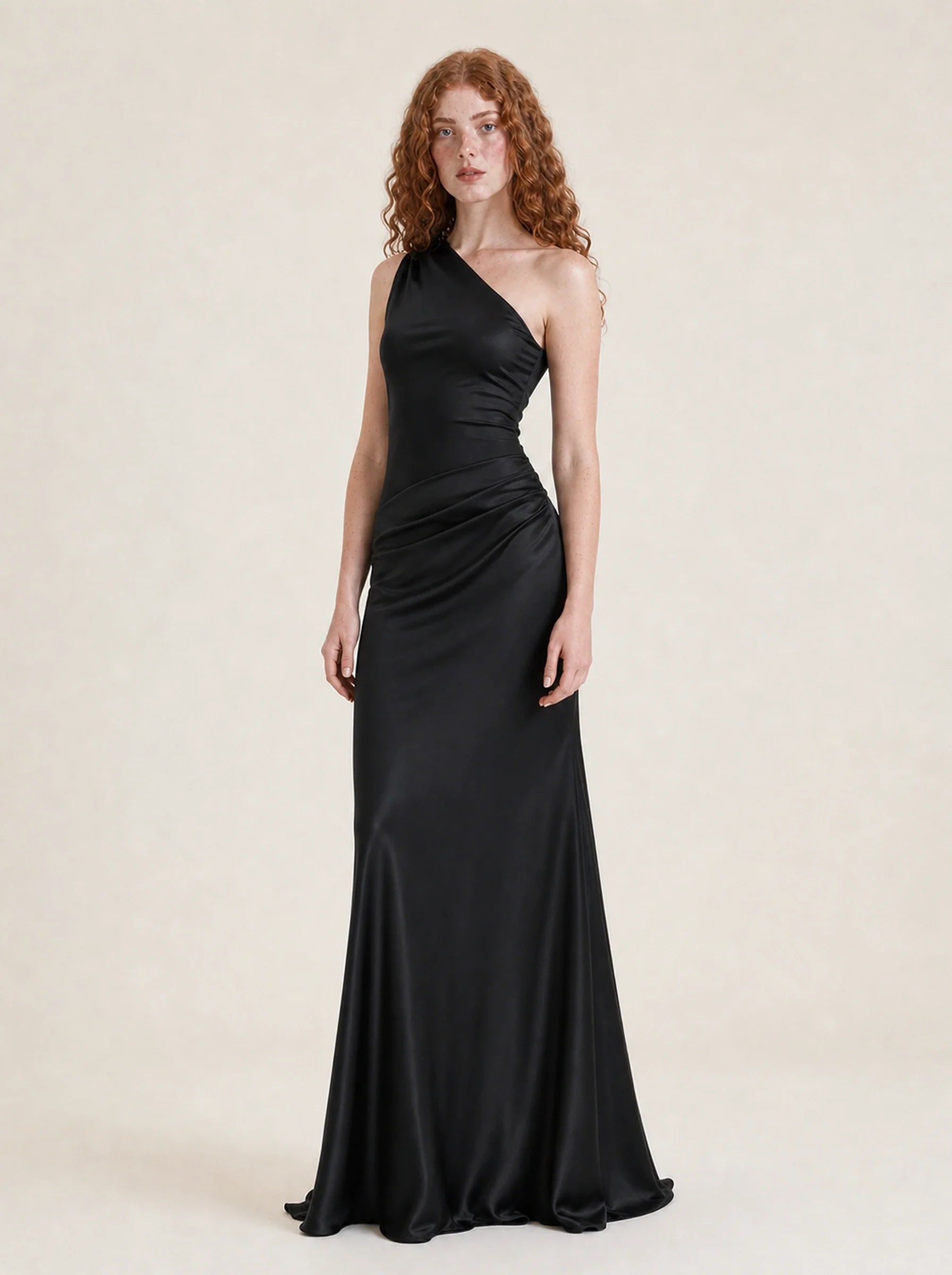 Satin One Shoulder Maxi Dress Celeste Rose — Black, three-quarter view