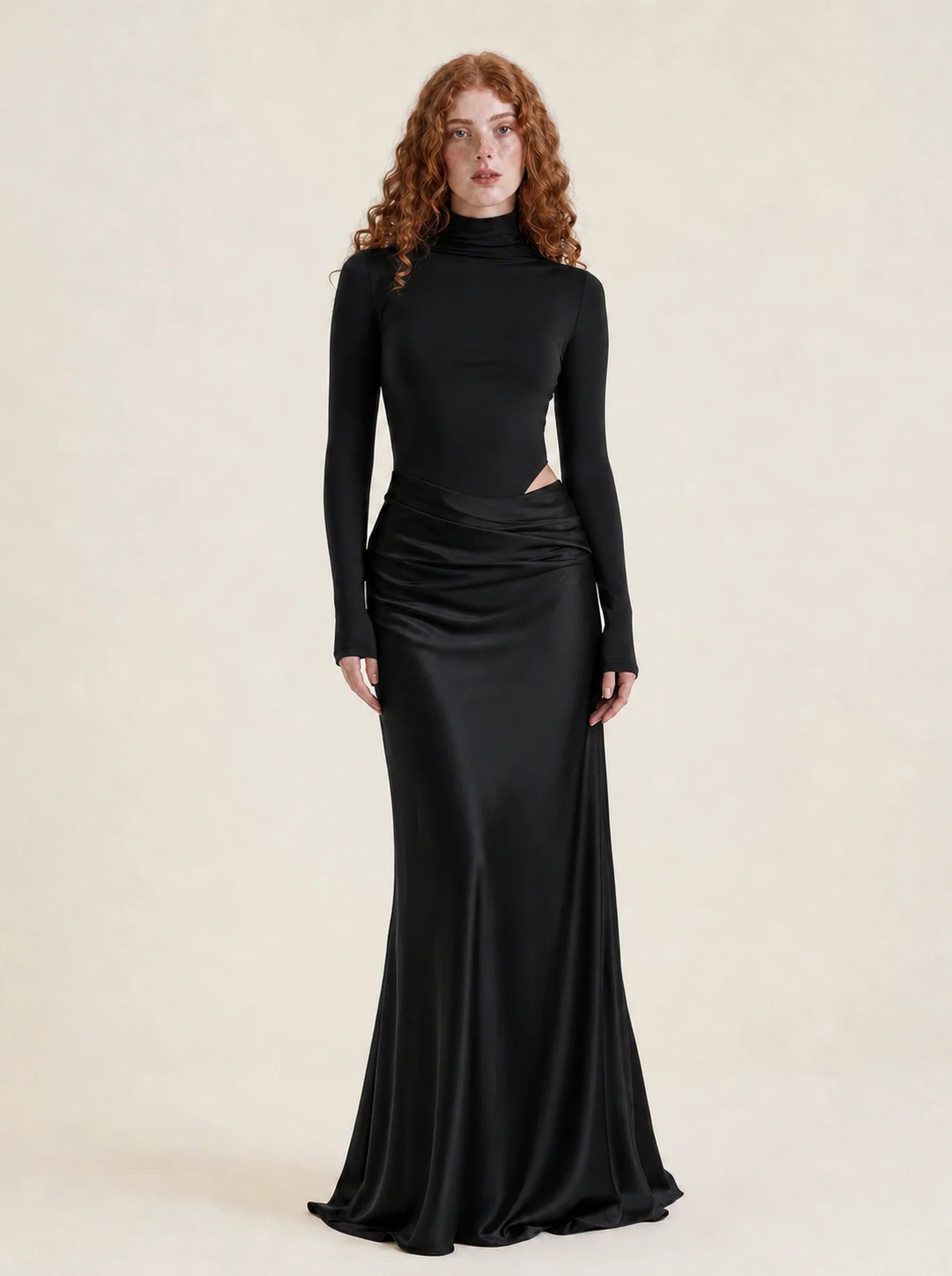 Satin One Shoulder Maxi Dress Celeste Rose — Black Long Sleeve, front view