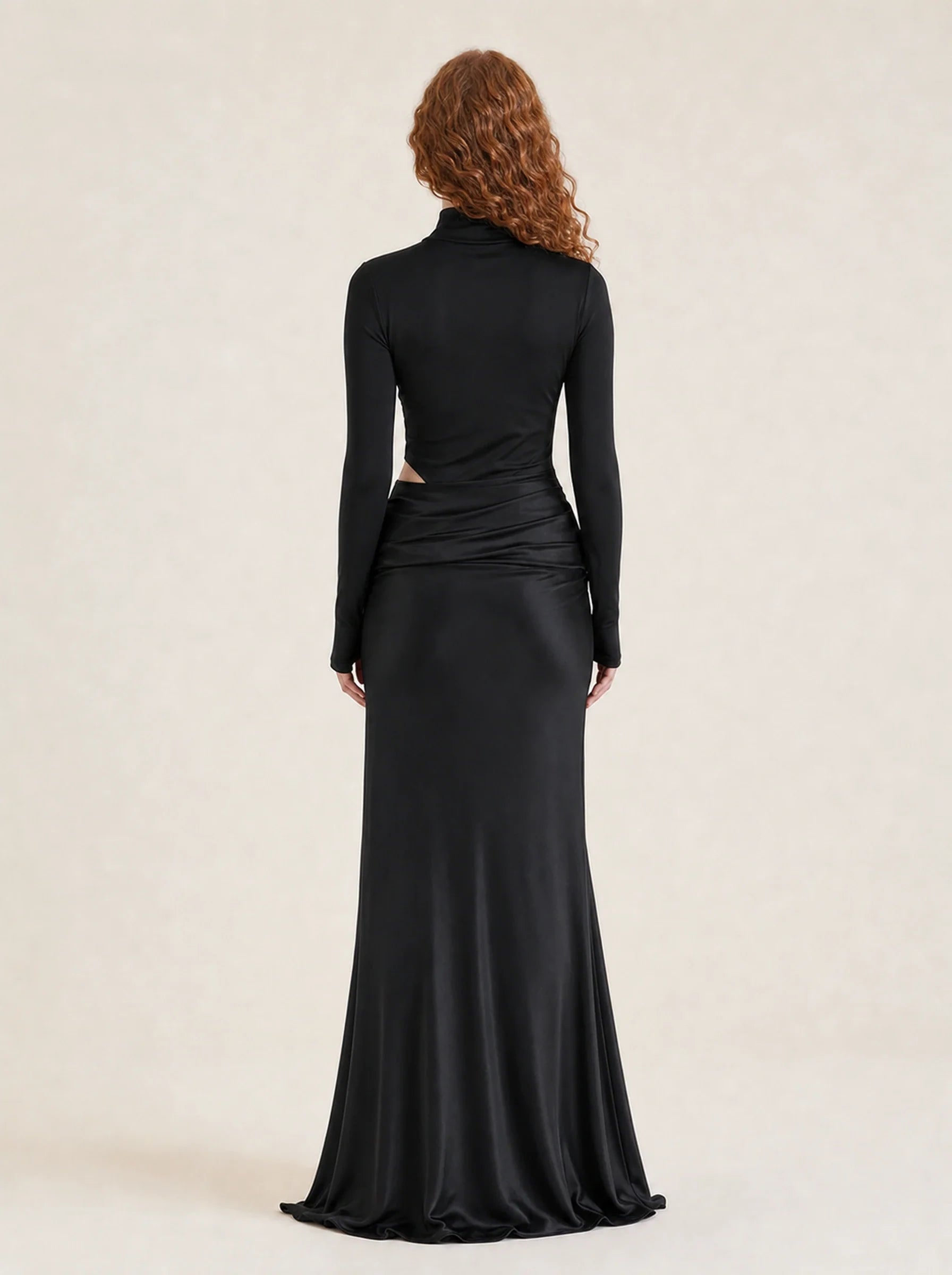 Satin One Shoulder Maxi Dress Celeste Rose — Black Long Sleeve, back view