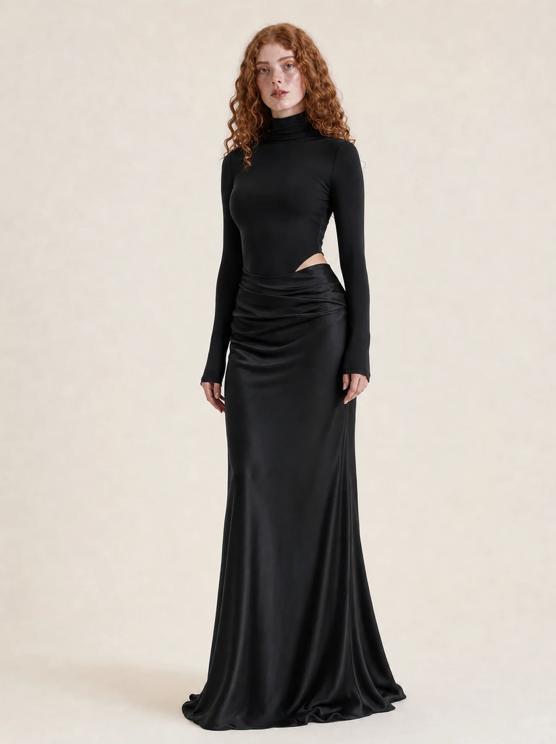 Satin One Shoulder Maxi Dress Celeste Rose — Black Long Sleeve, three-quarter view