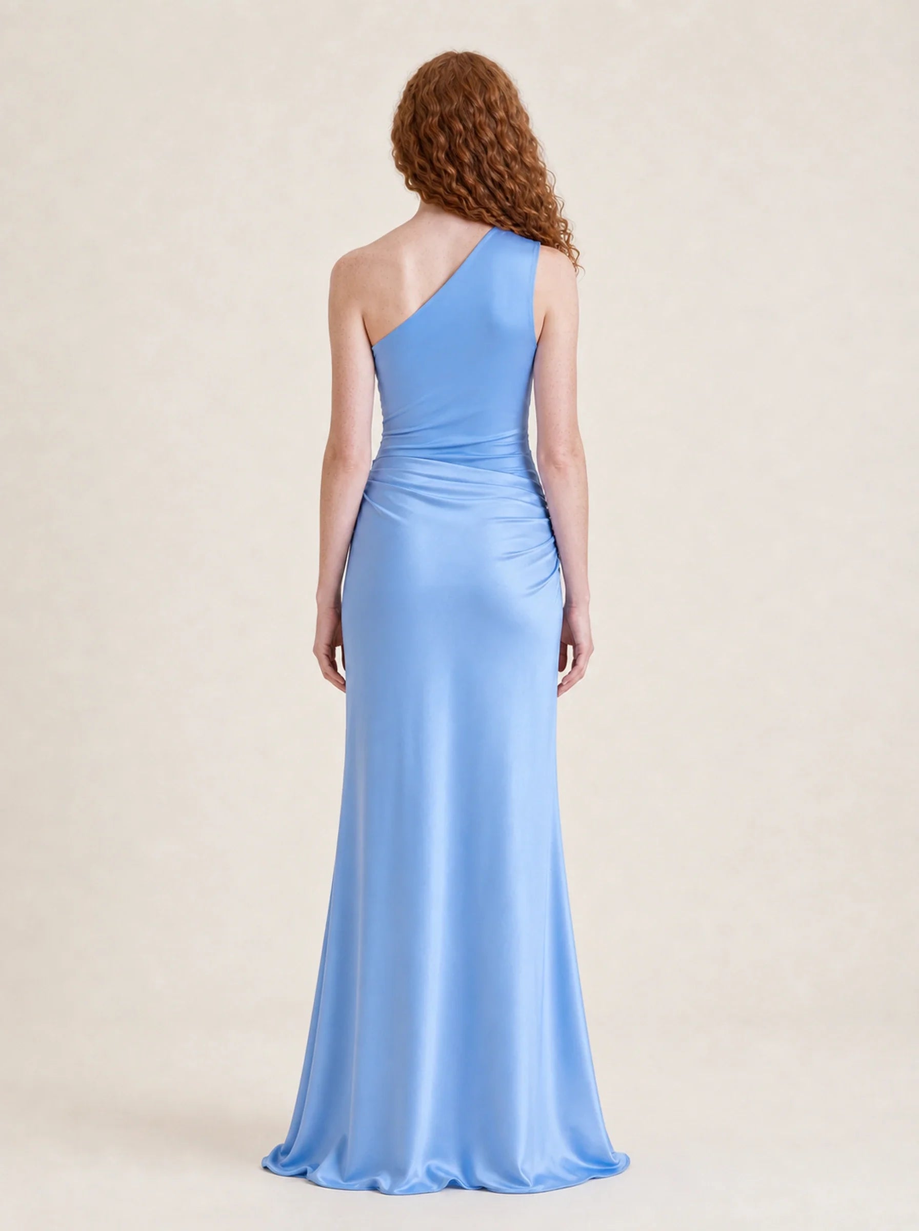 Satin One Shoulder Maxi Dress Celeste Rose — Blue, back view