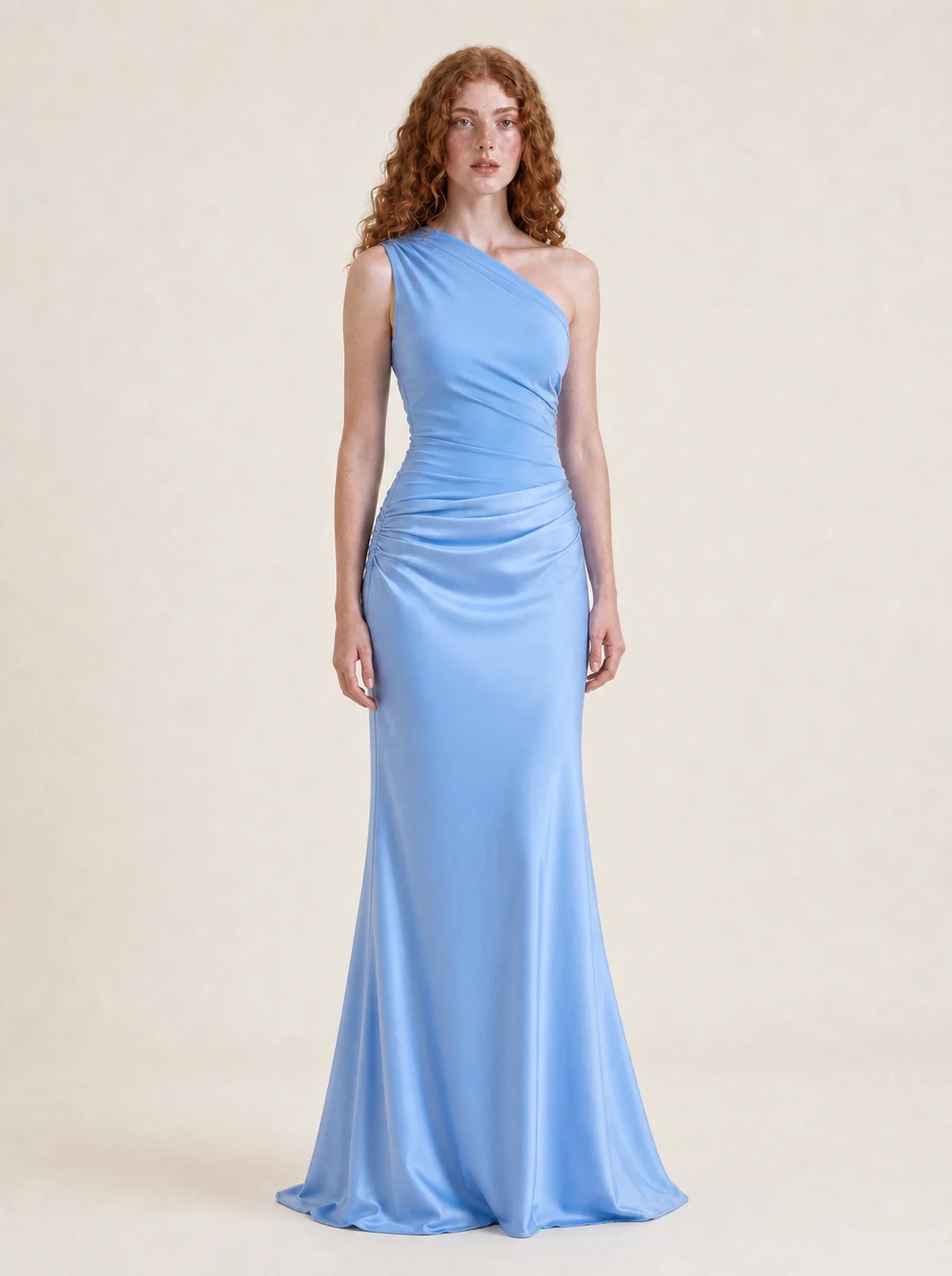 Satin One Shoulder Maxi Dress Celeste Rose — Blue, three-quarter view