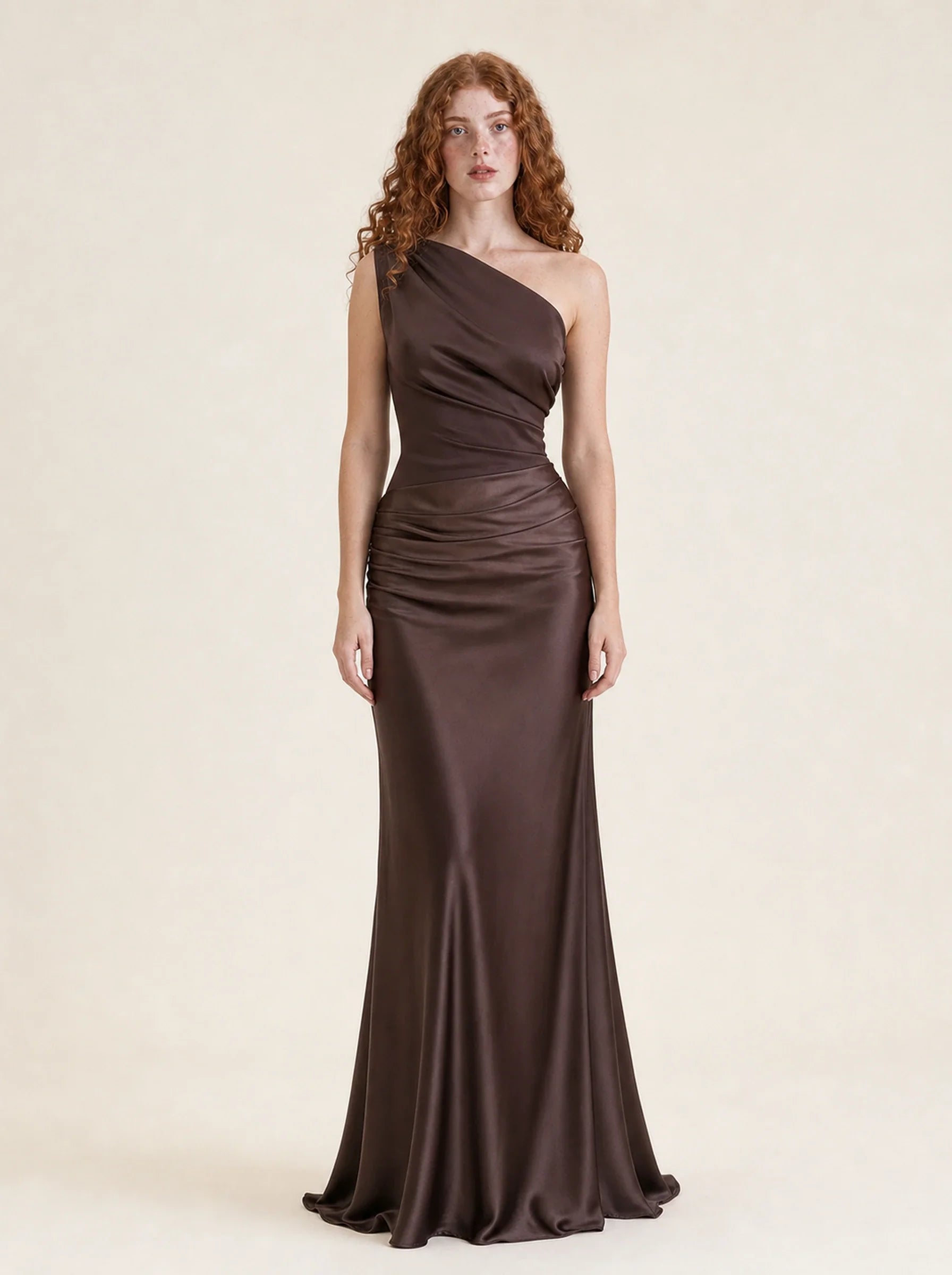 Satin One Shoulder Maxi Dress Celeste Rose — Brown, front view