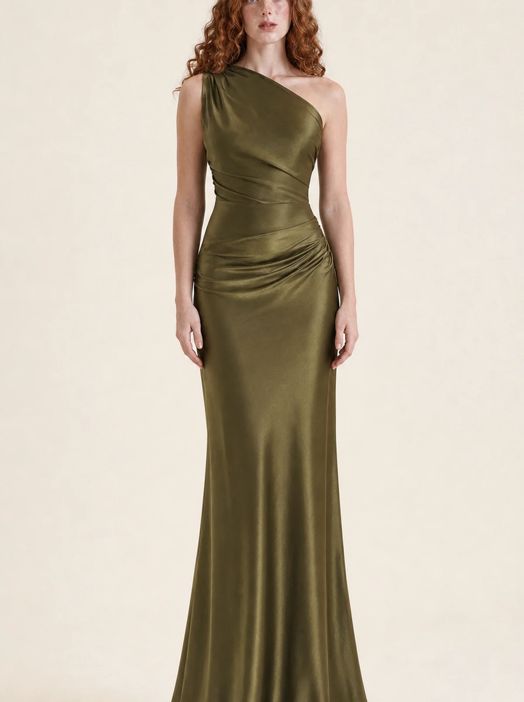 Satin One Shoulder Maxi Dress Celeste Rose — Green, front view