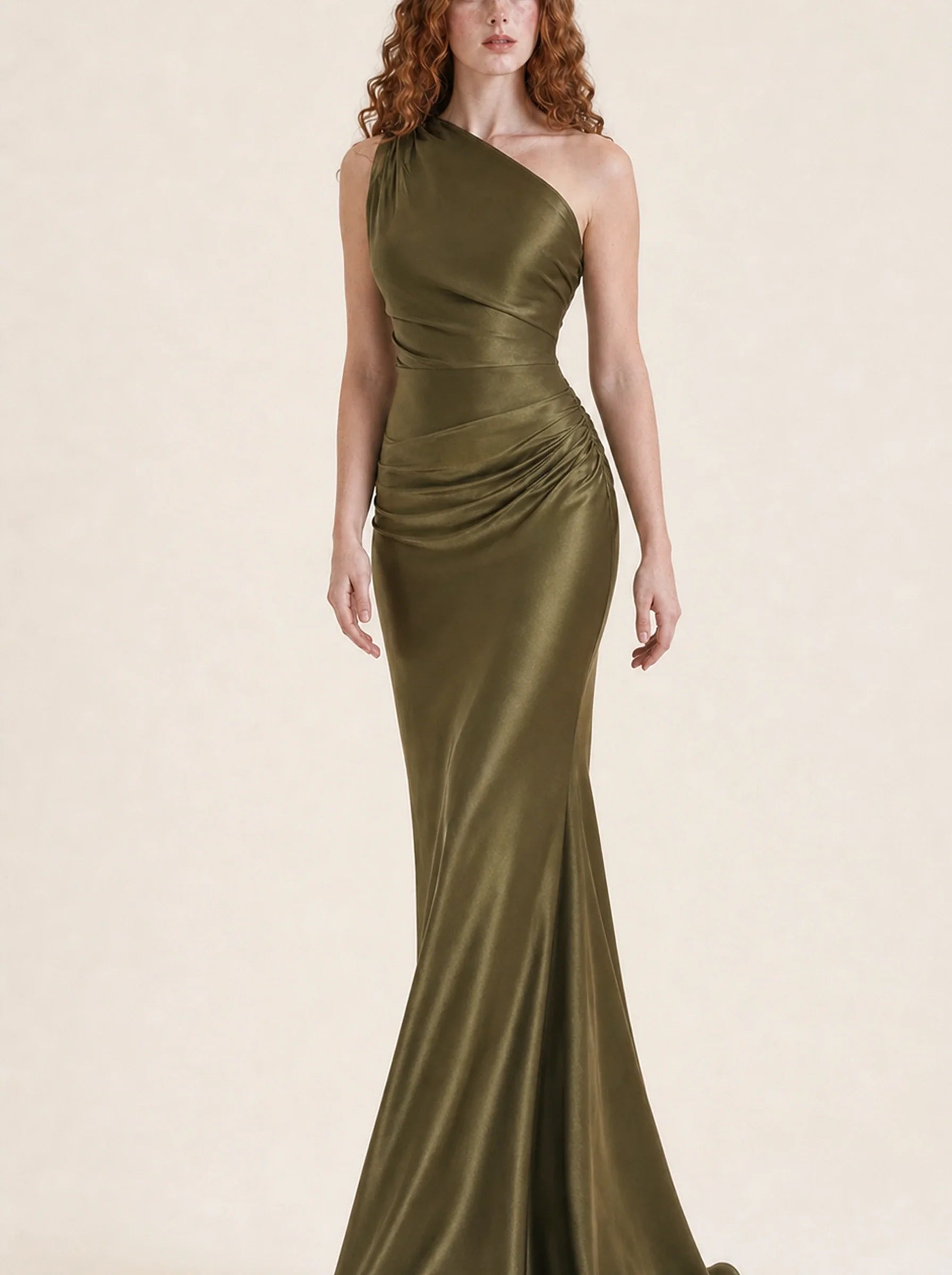 Satin One Shoulder Maxi Dress Celeste Rose — Green, three-quarter view