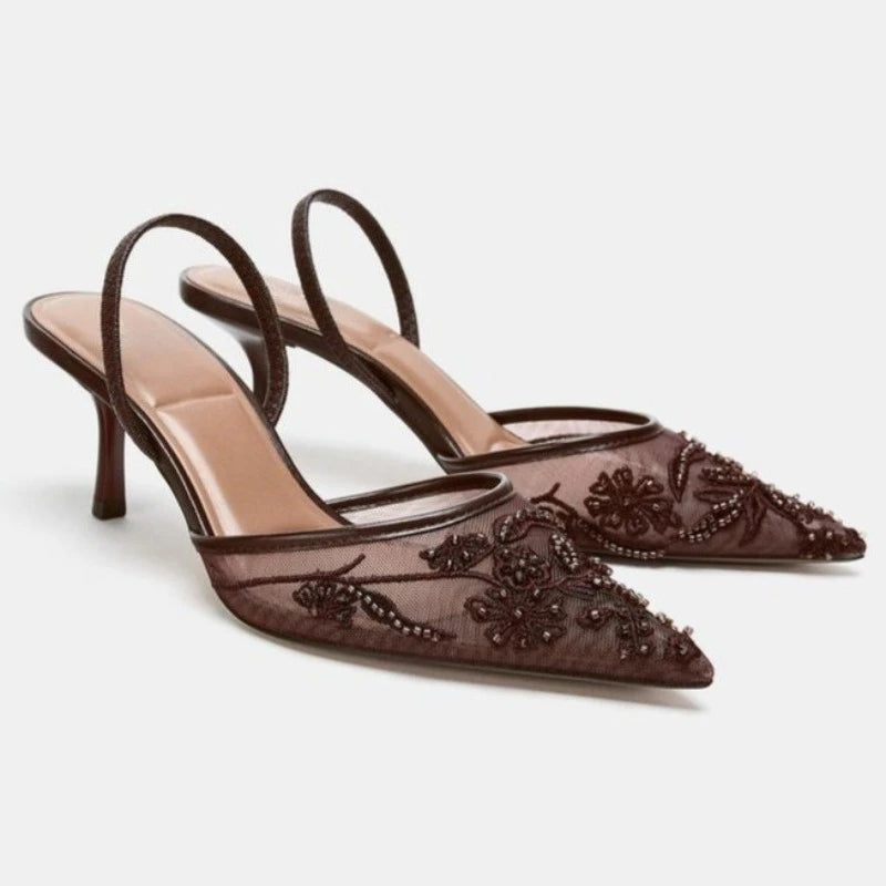 Sandales à talons en maille brodée Celeste Rose