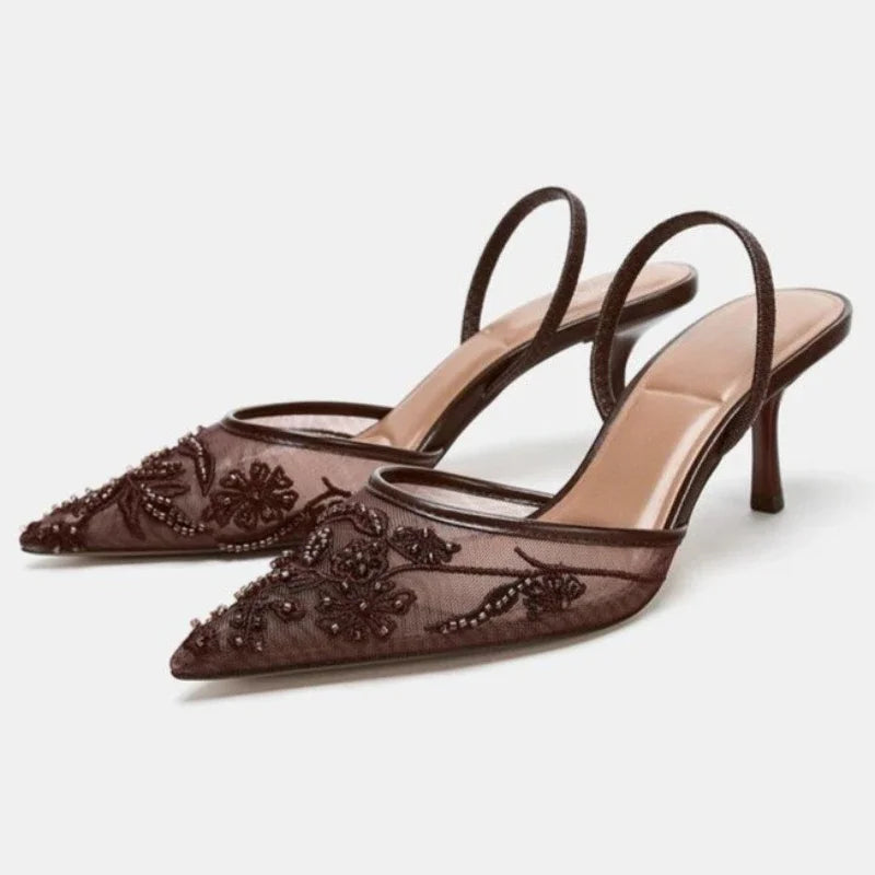 Sandales à talons en maille brodée Celeste Rose
