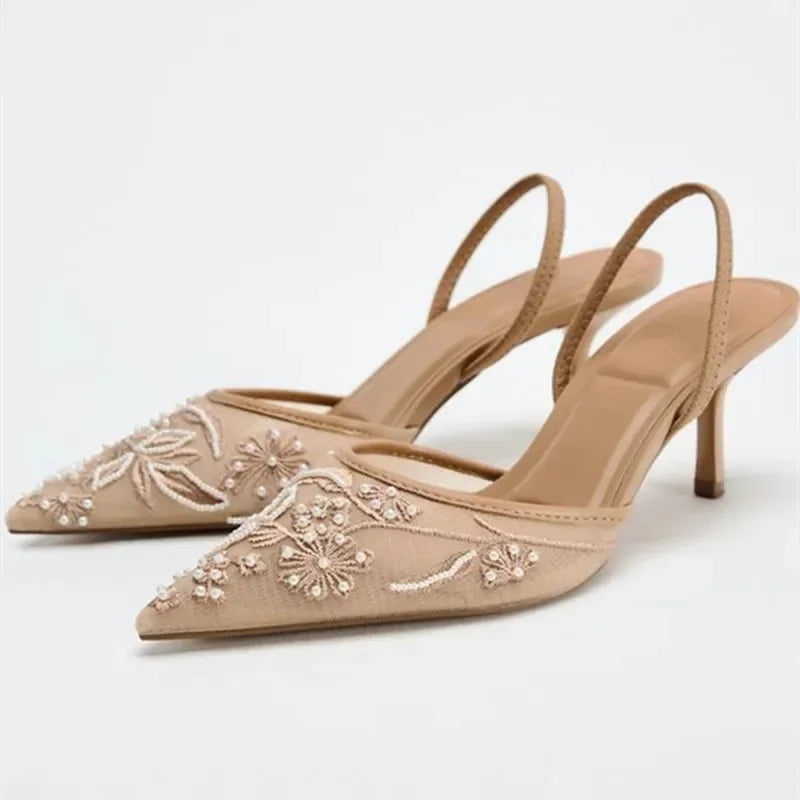 Sandales à talons en maille brodée Celeste Rose