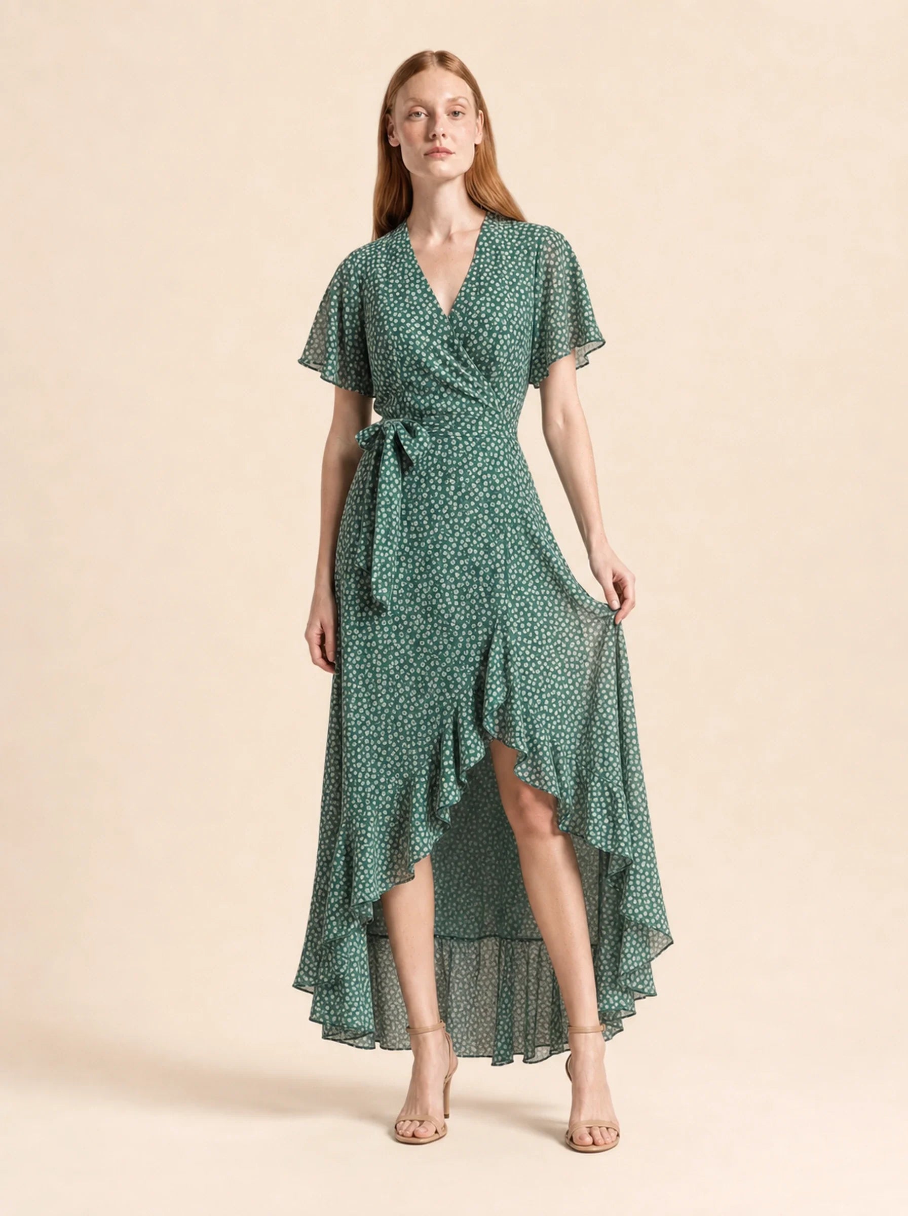 Chiffon Boho Wrap Maxi Dress Aurelia Rose - Green - Fabric and Fit
