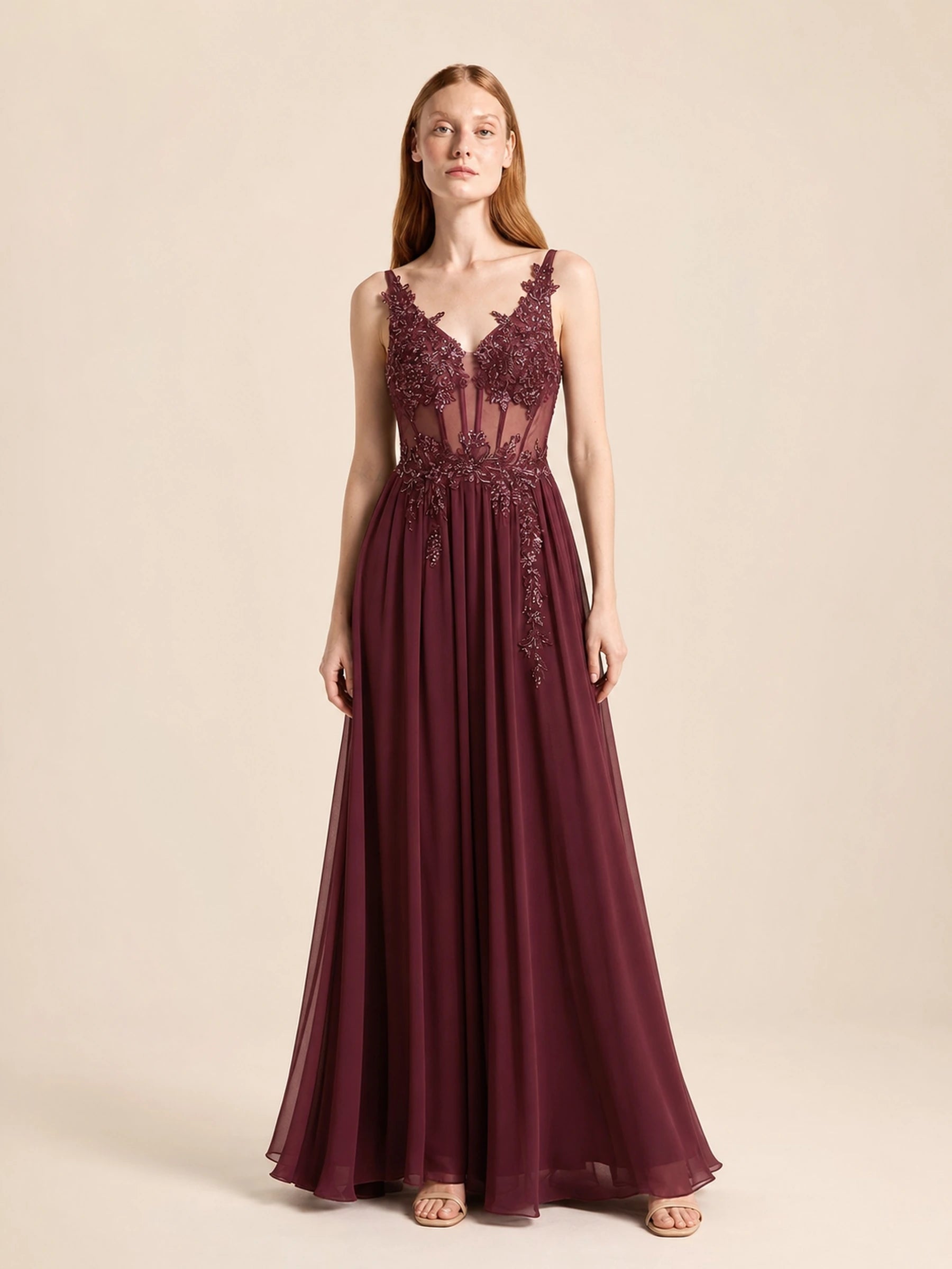 Beaded Chiffon Prom Gown Rosalind Rose - Burgundy - 01 front