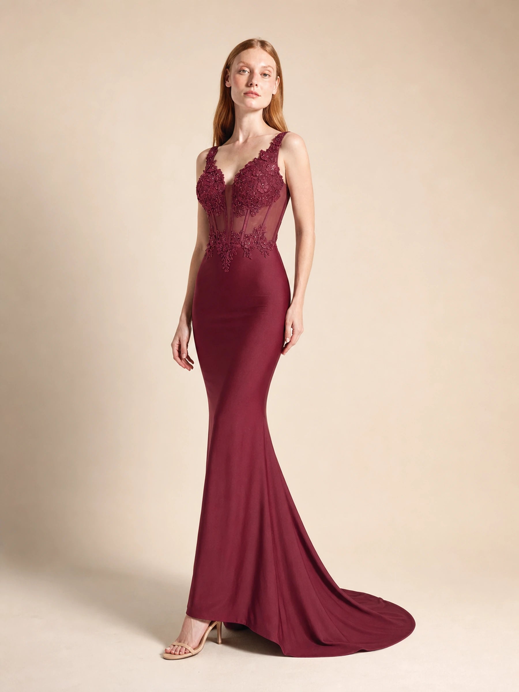 Beaded Chiffon Prom Gown Rosalind Rose - Burgundy 3040 - 03 three quarter