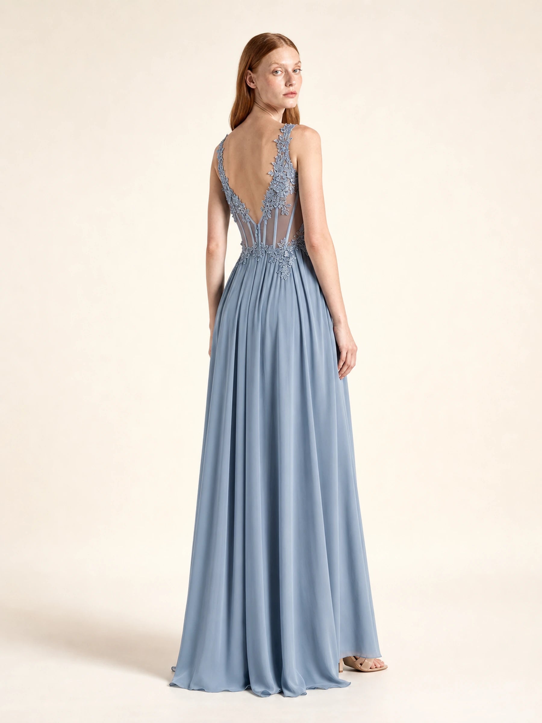 Beaded Chiffon Prom Gown Rosalind Rose - Dusty Blue - 02 back