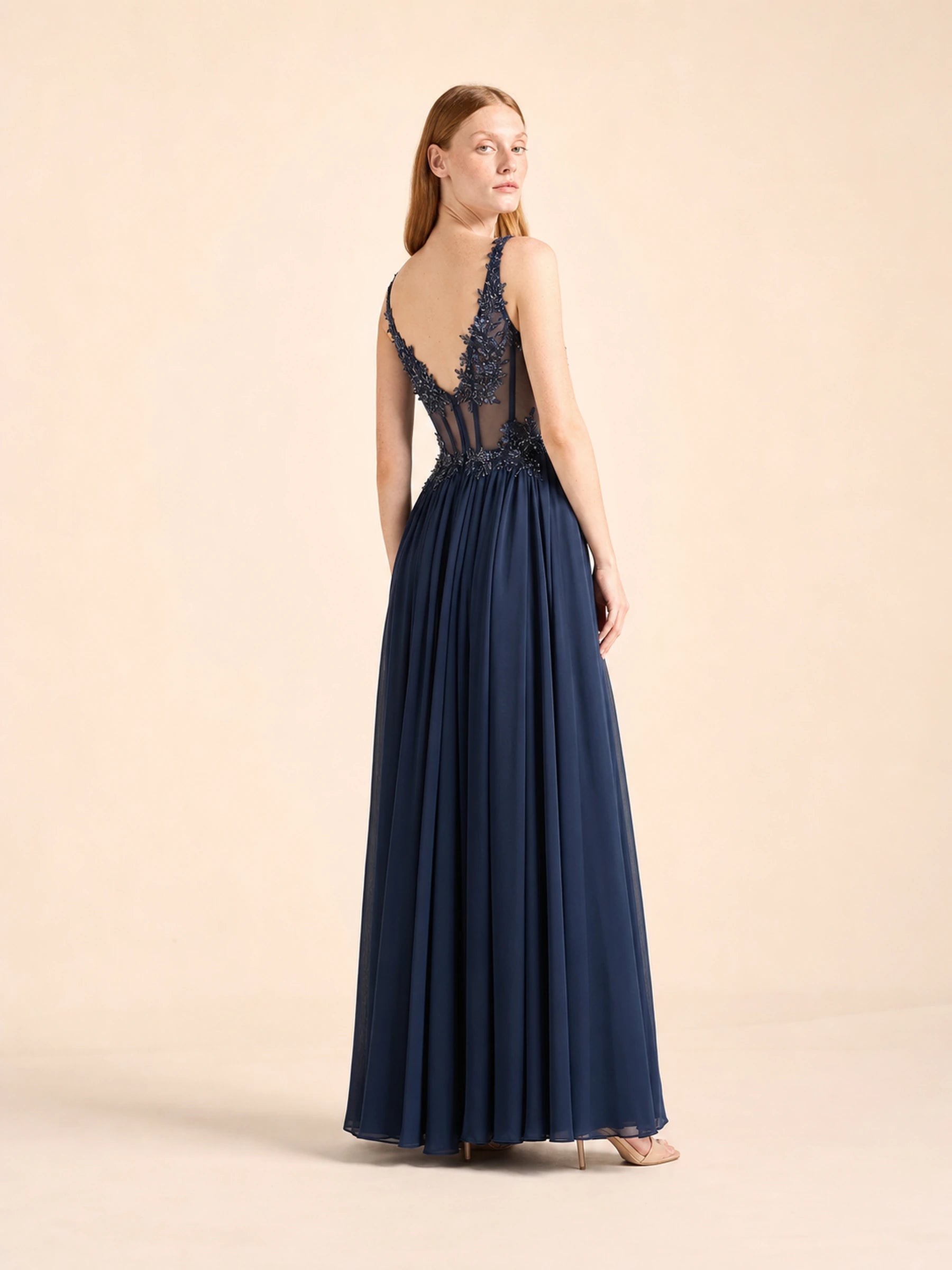 Beaded Chiffon Prom Gown Rosalind Rose - Navy - 02 back