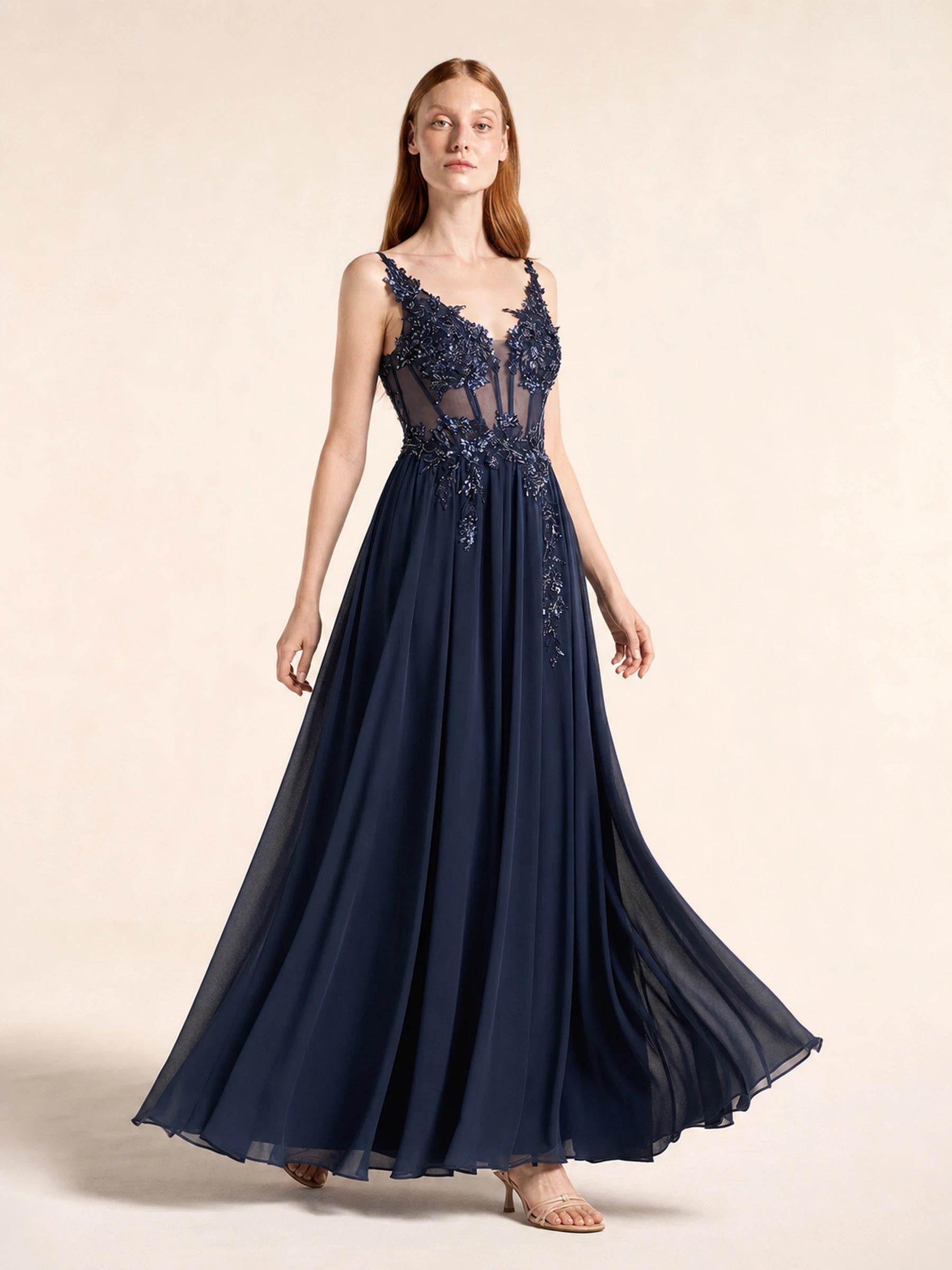Beaded Chiffon Prom Gown Rosalind Rose - Navy - 05 movement