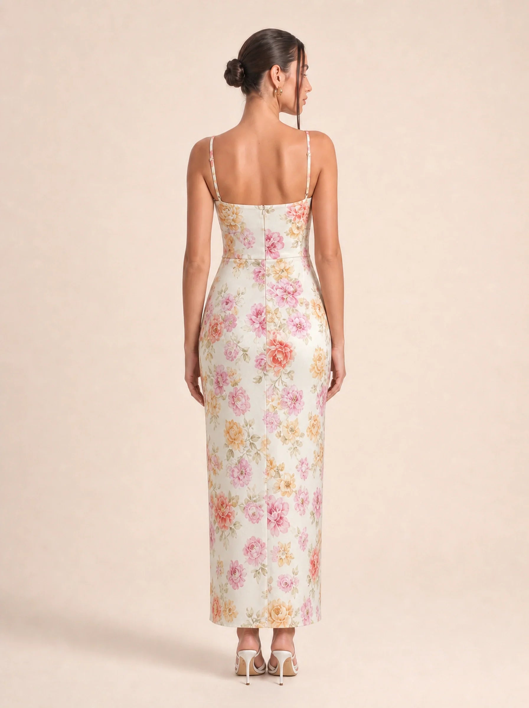 Floral Spaghetti Strap Maxi Dress Celeste Rose - Ivory print back view