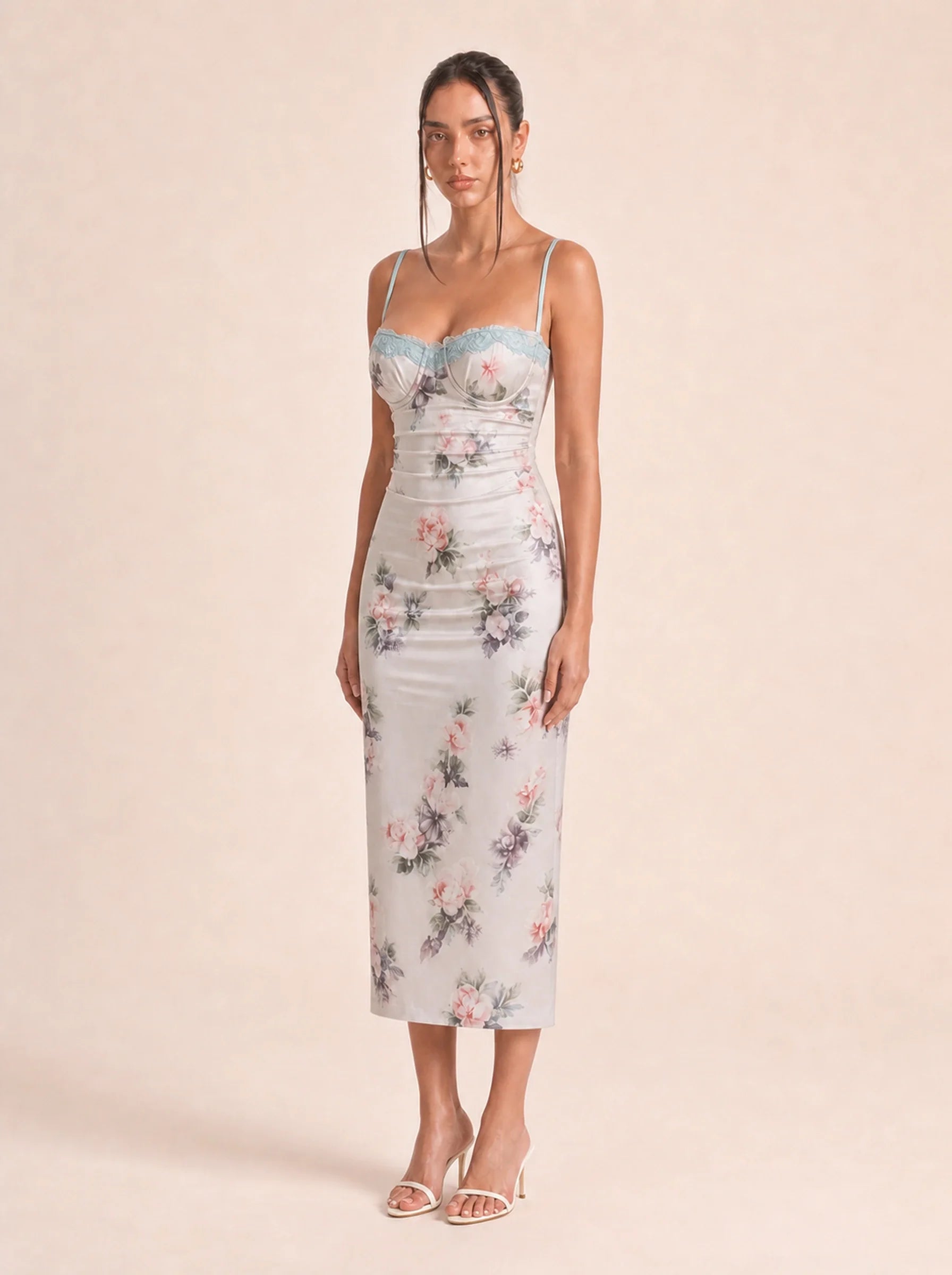 Floral Spaghetti Strap Maxi Dress Celeste Rose - midi dress three-quarter view