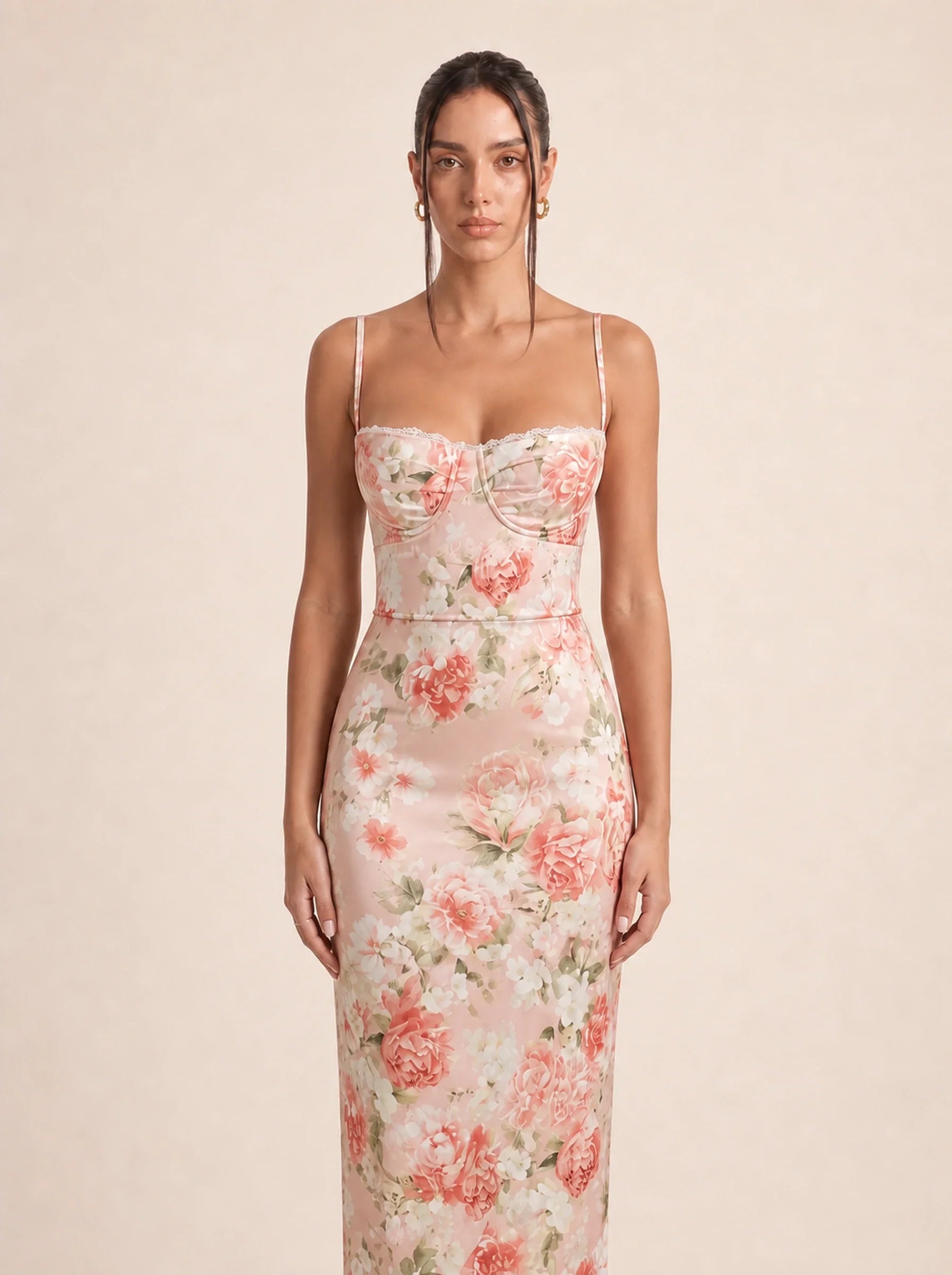Floral Spaghetti Strap Maxi Dress Celeste Rose - Peony print neckline detail