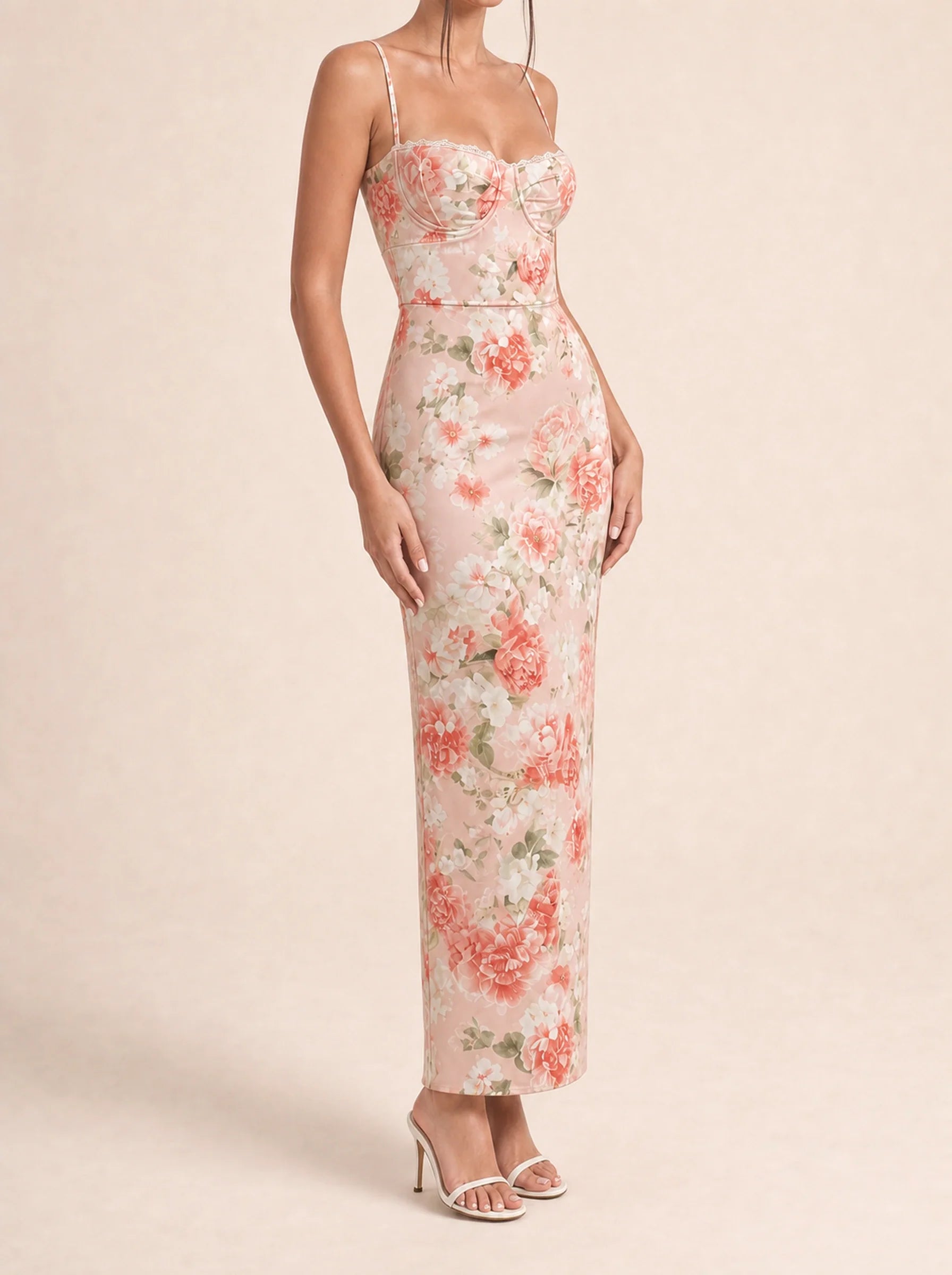 Floral Spaghetti Strap Maxi Dress Celeste Rose - Peony print fabric and fit detail