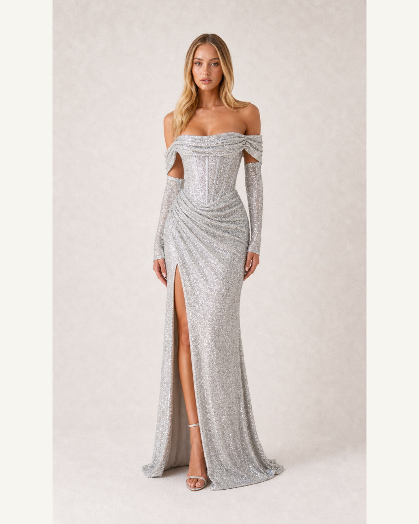 Silver Off-Shoulder Prom Gown Contessa Rose - Silver - Front