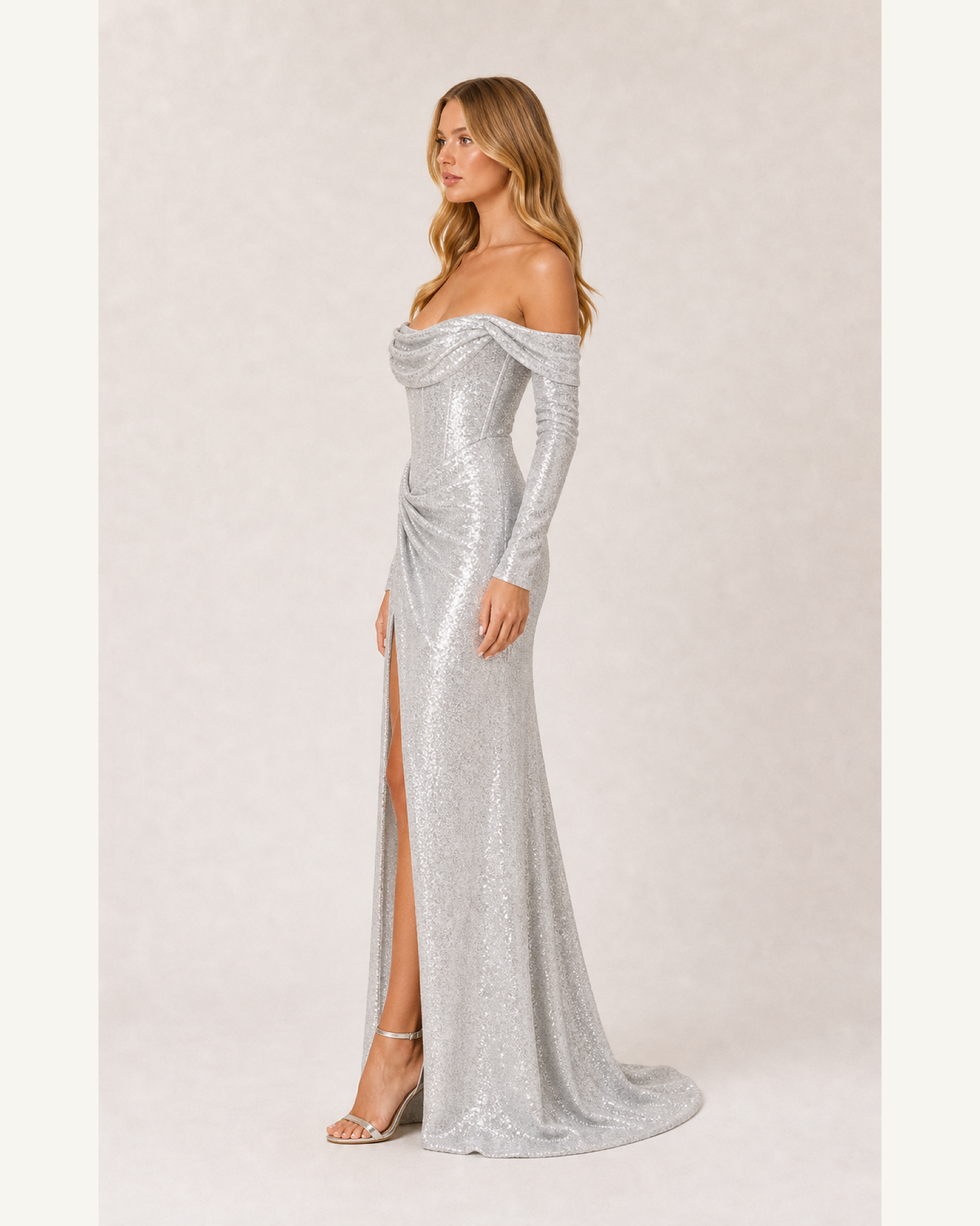 Silver Off-Shoulder Prom Gown Contessa Rose - Silver - Left Profile