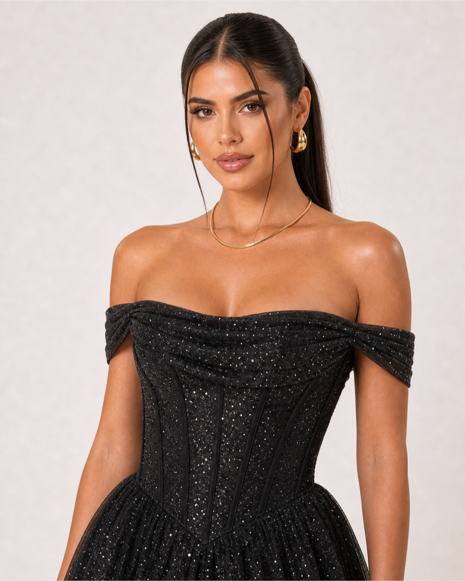 Glitter Tulle Prom Gown Estelle Rose - Black - Upper Closeup