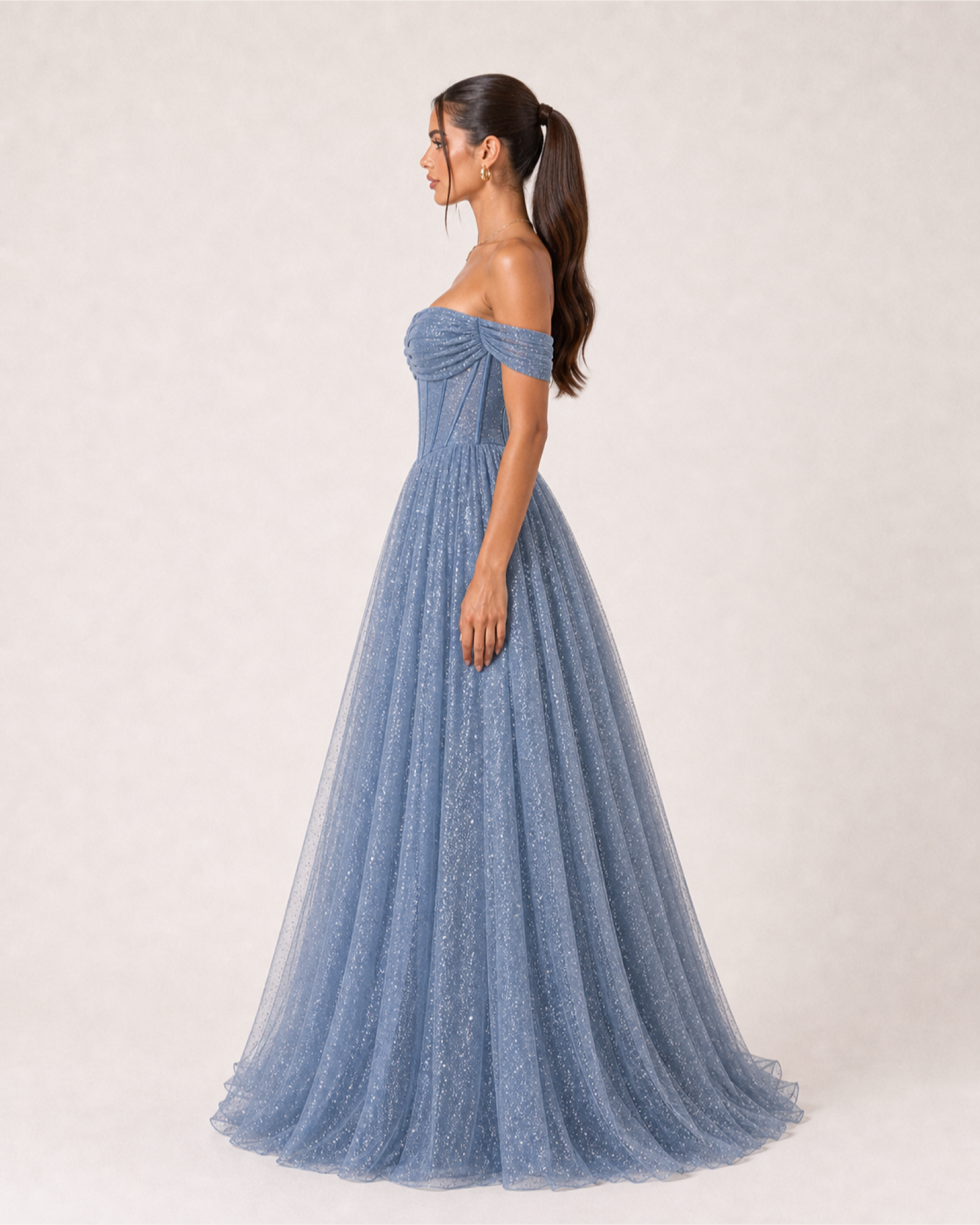 Glitter Tulle Prom Gown Estelle Rose - Dusty Blue - Left Profile