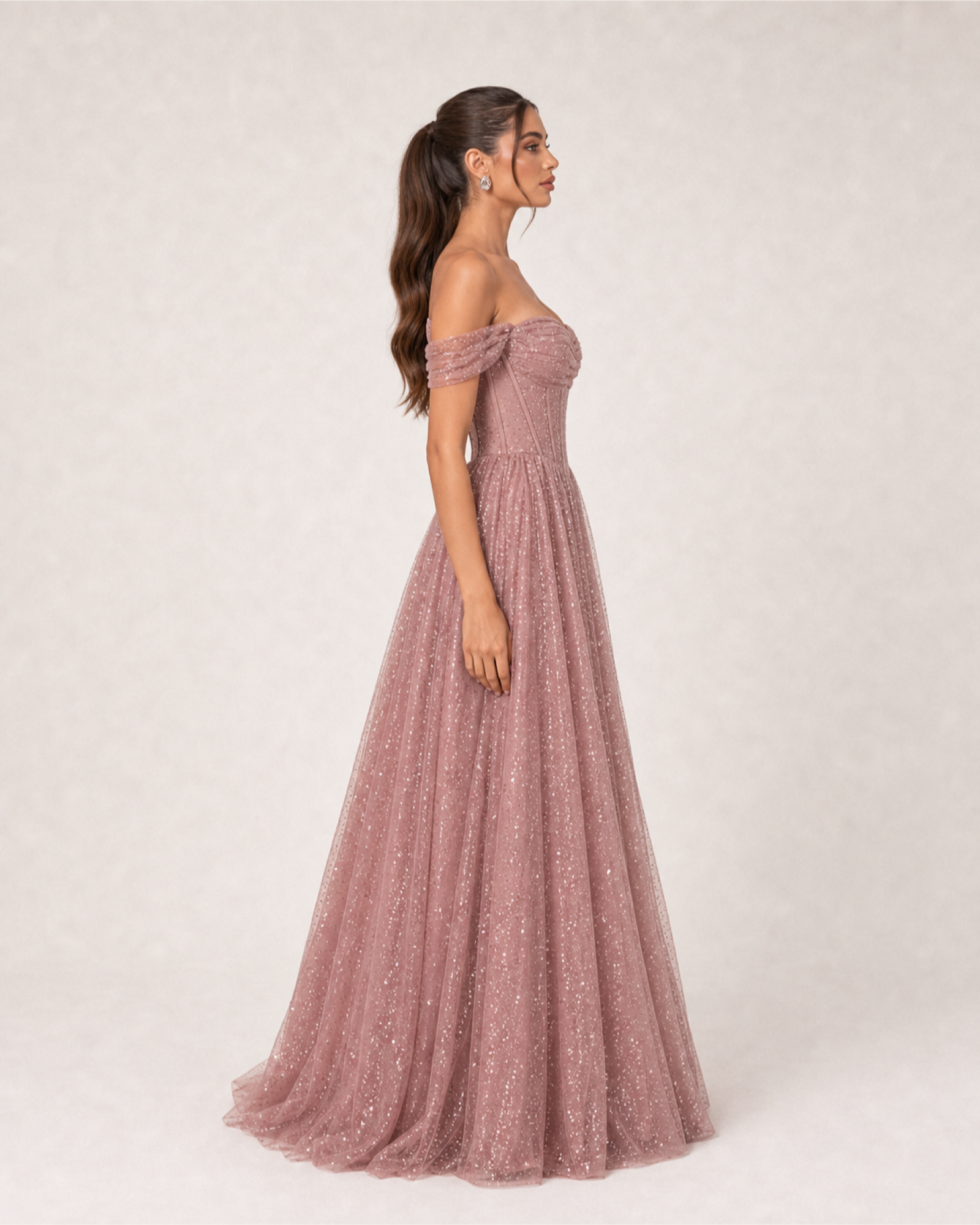 Glitter Tulle Prom Gown Estelle Rose - Dusty Rose - Right Profile