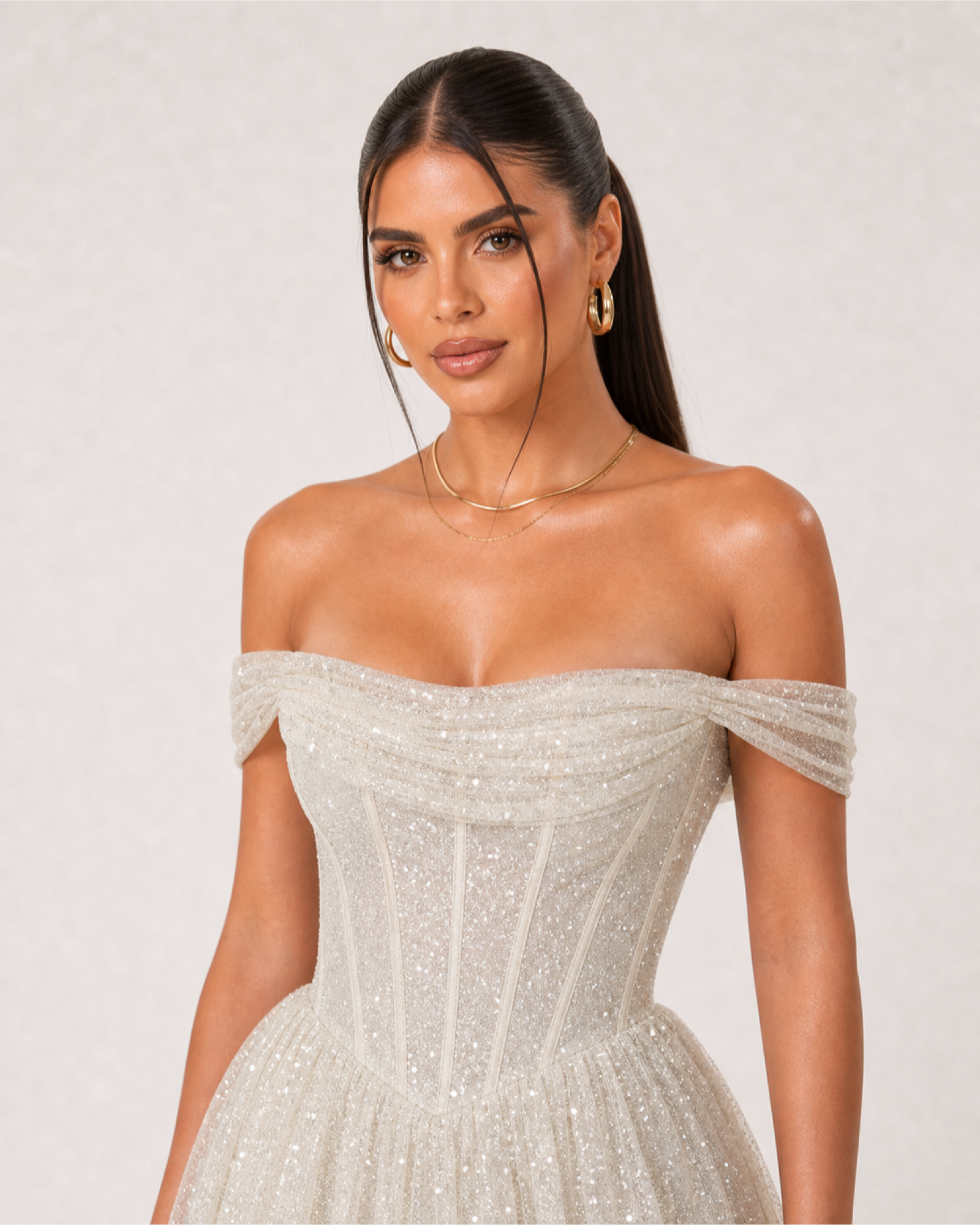 Glitter Tulle Prom Gown Estelle Rose - Ivory - Upper Closeup