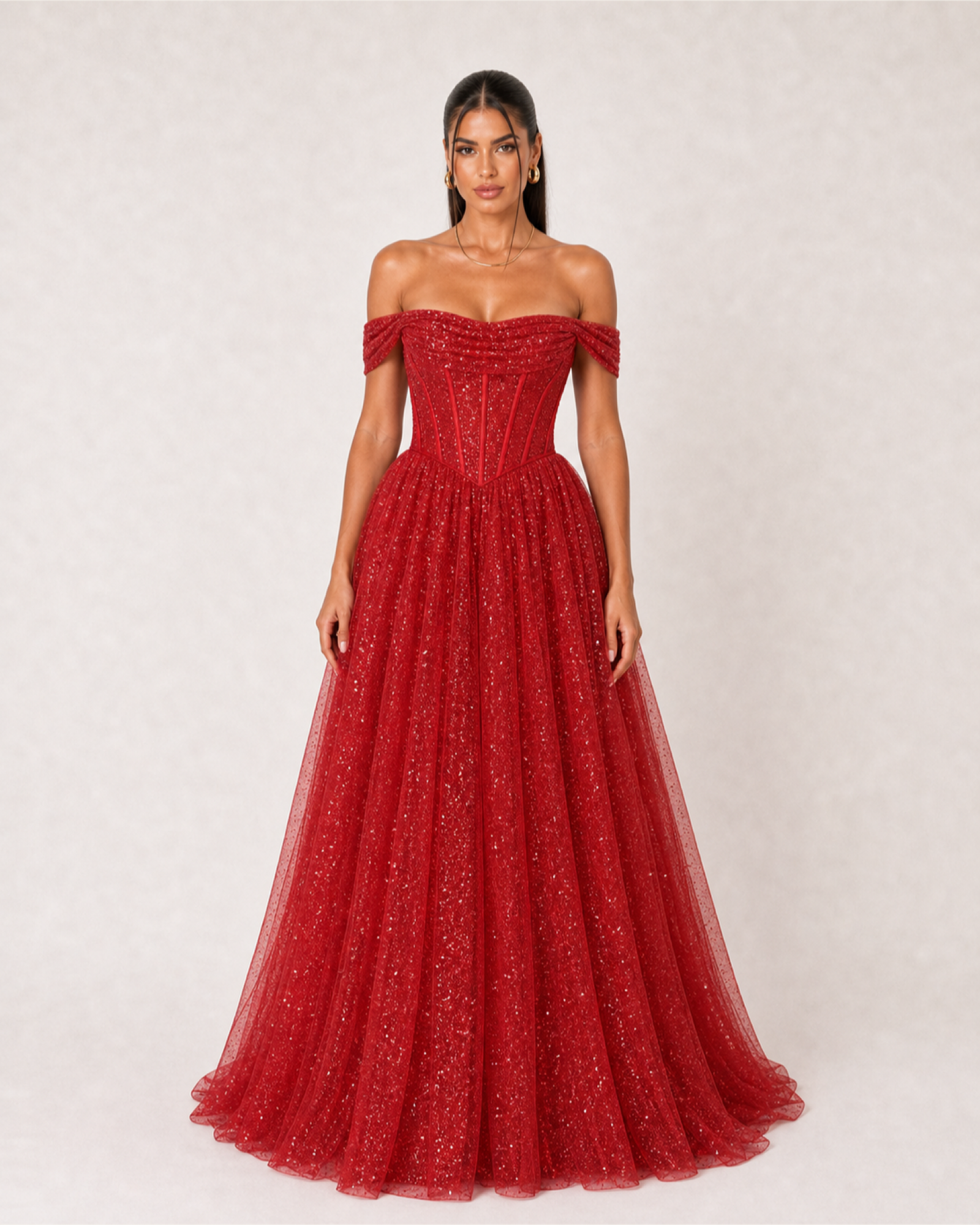 Glitter Tulle Prom Gown Estelle Rose - Red - Front