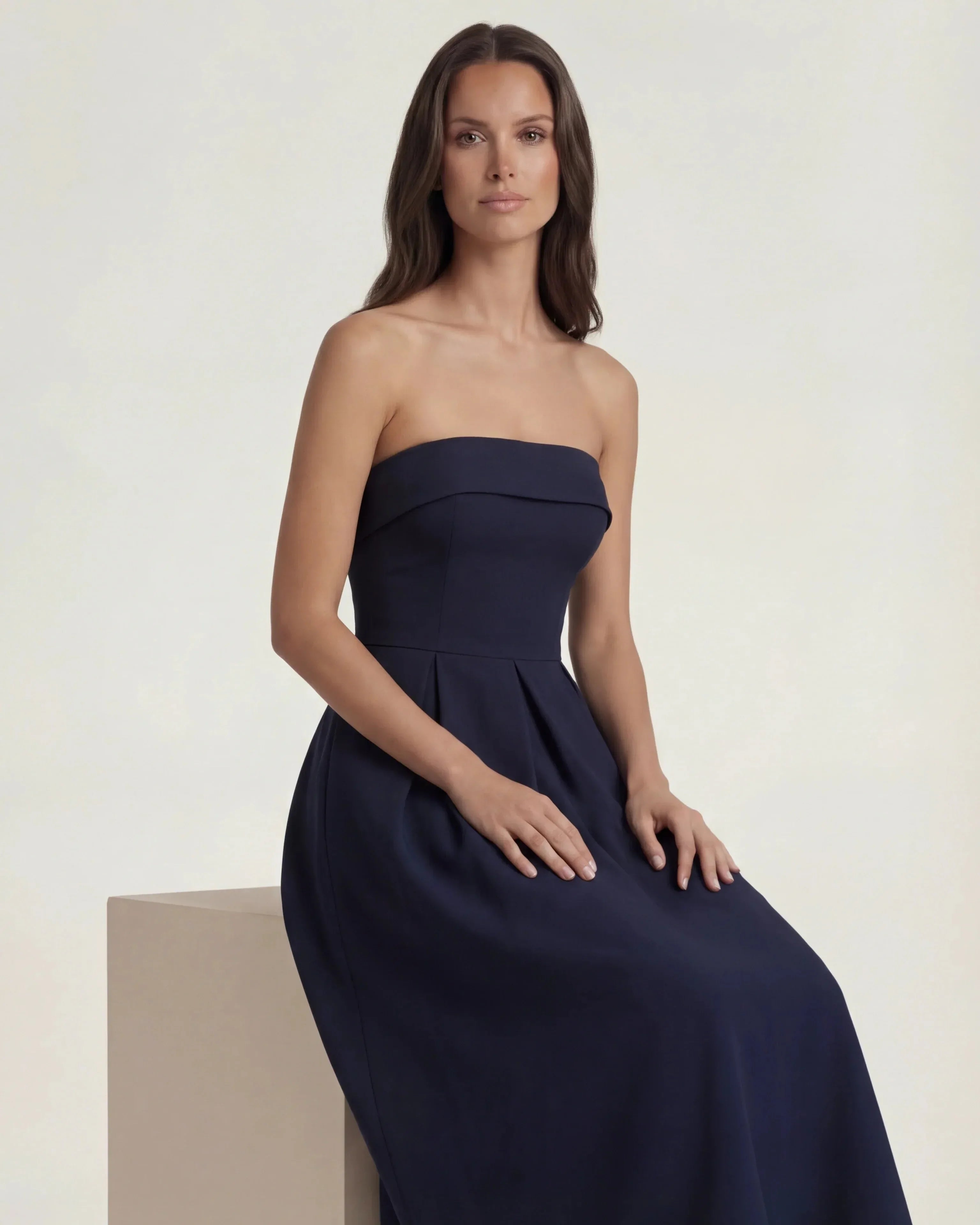 Navy Blue wrap midi dress with flattering draped fit, Penelope Rose by Rose & Mews