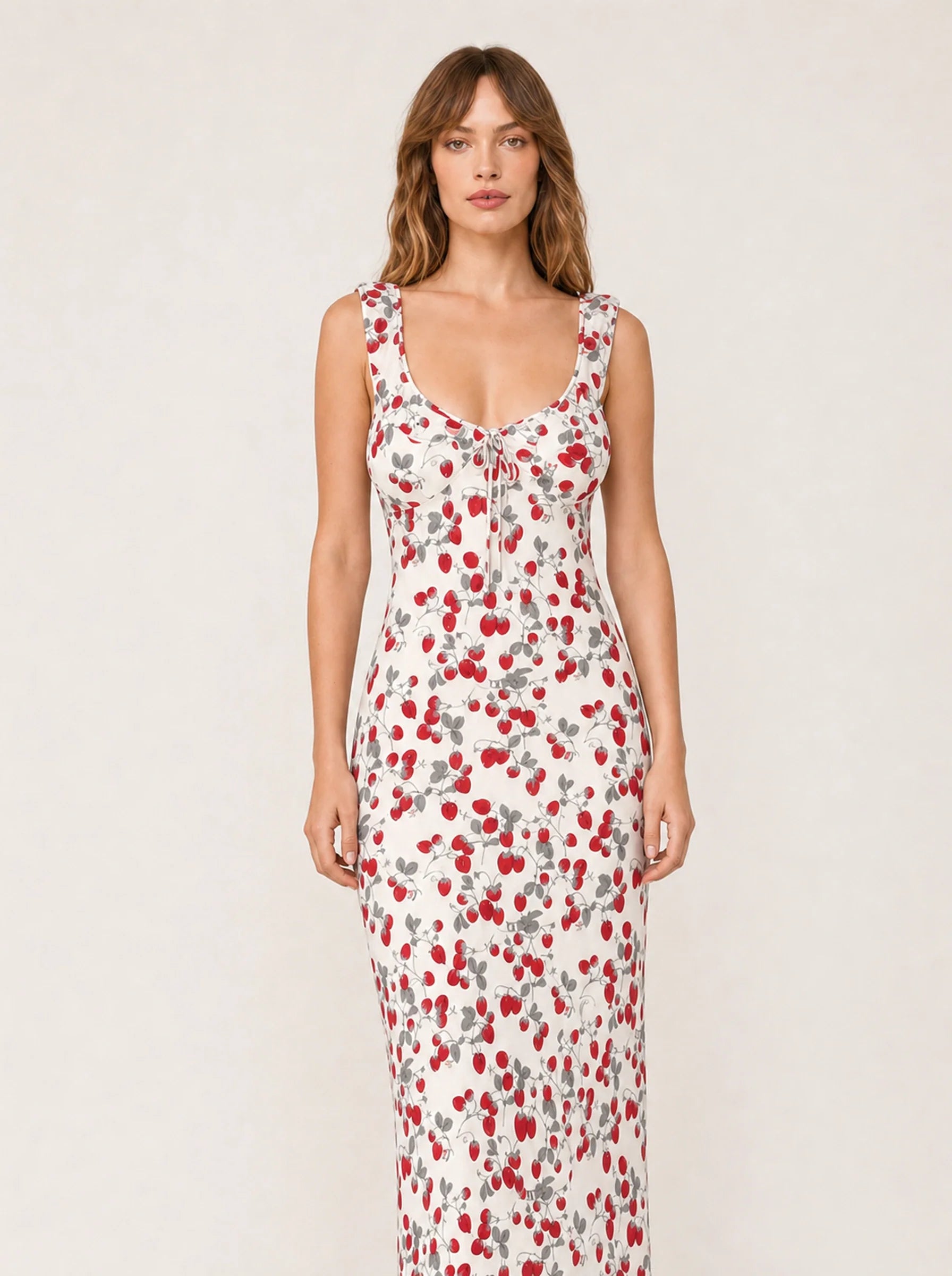 Floral Print Backless Maxi Dress Solène Rose - Red - Fit Close up