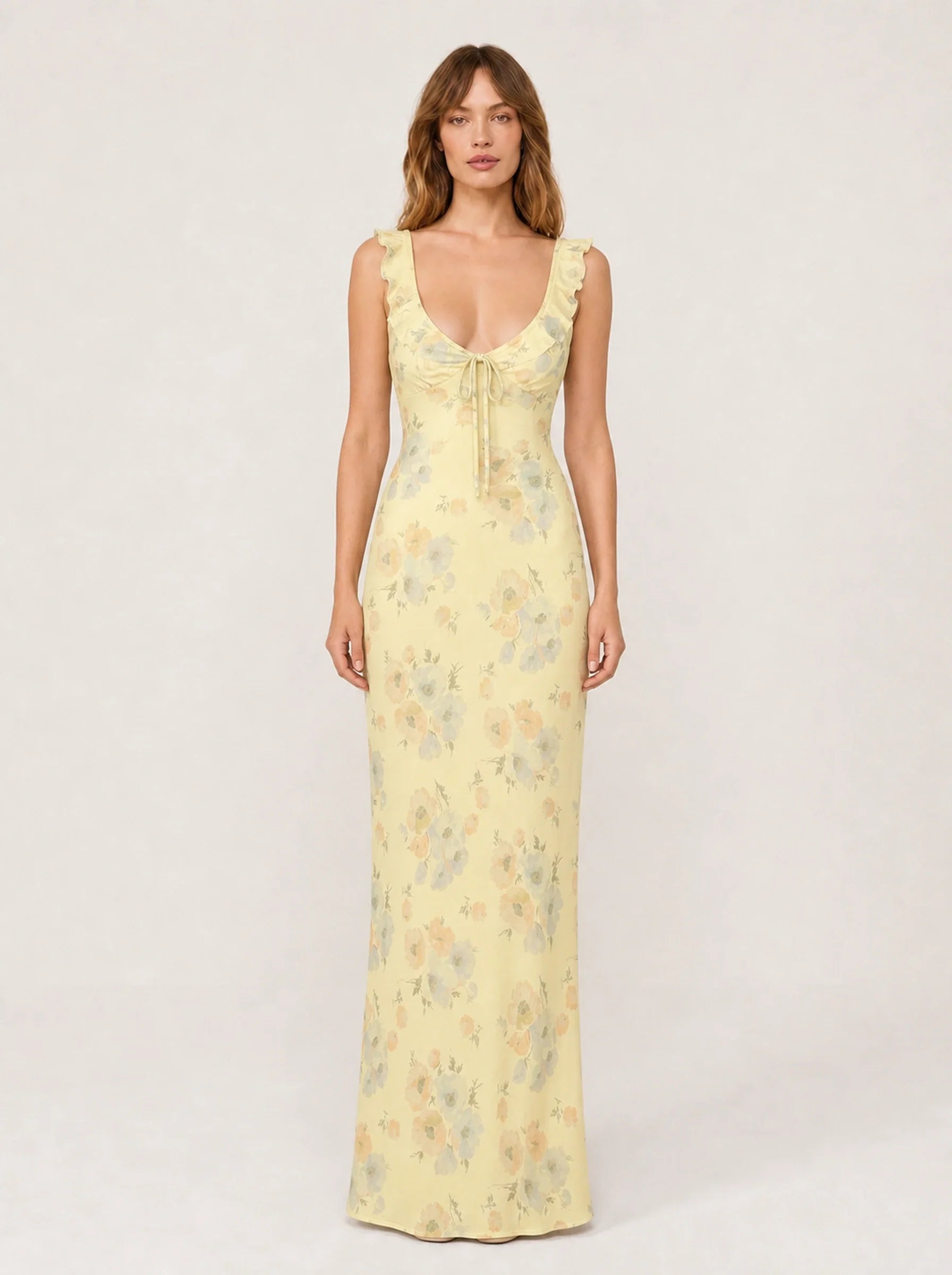 Floral Print Backless Maxi Dress Solène Rose - Yellow - Front