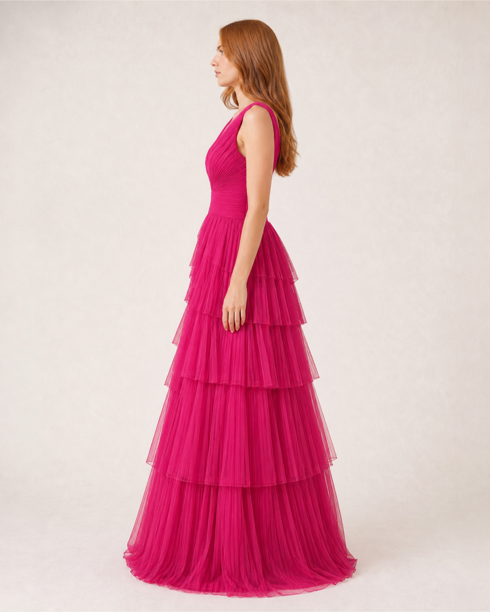 Fuchsia Pleated Prom Gown Florence Rose - Fuchsia - Right Profile