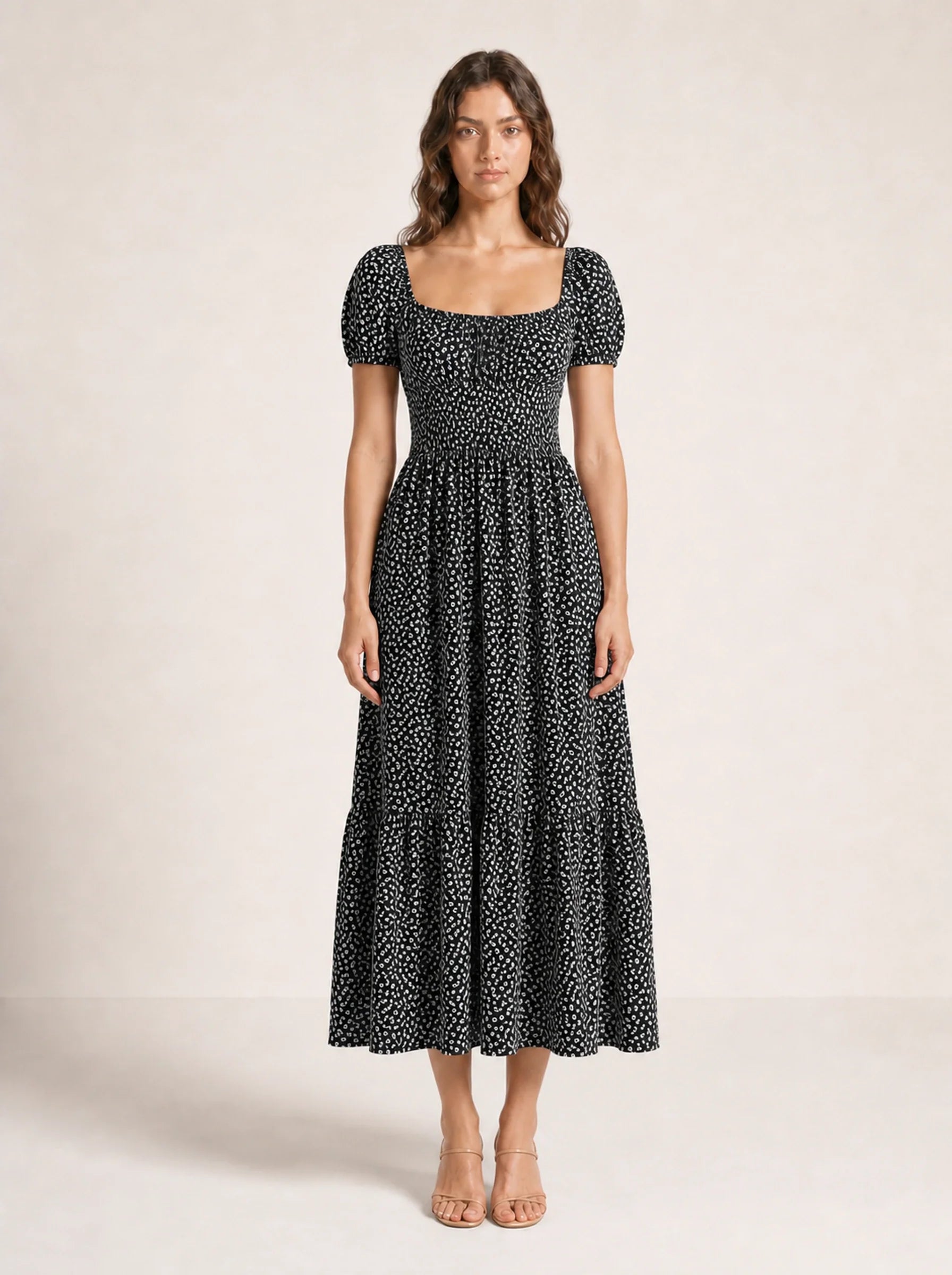 Floral Puff Sleeve Maxi Dress Isolde Rose - Black - Front