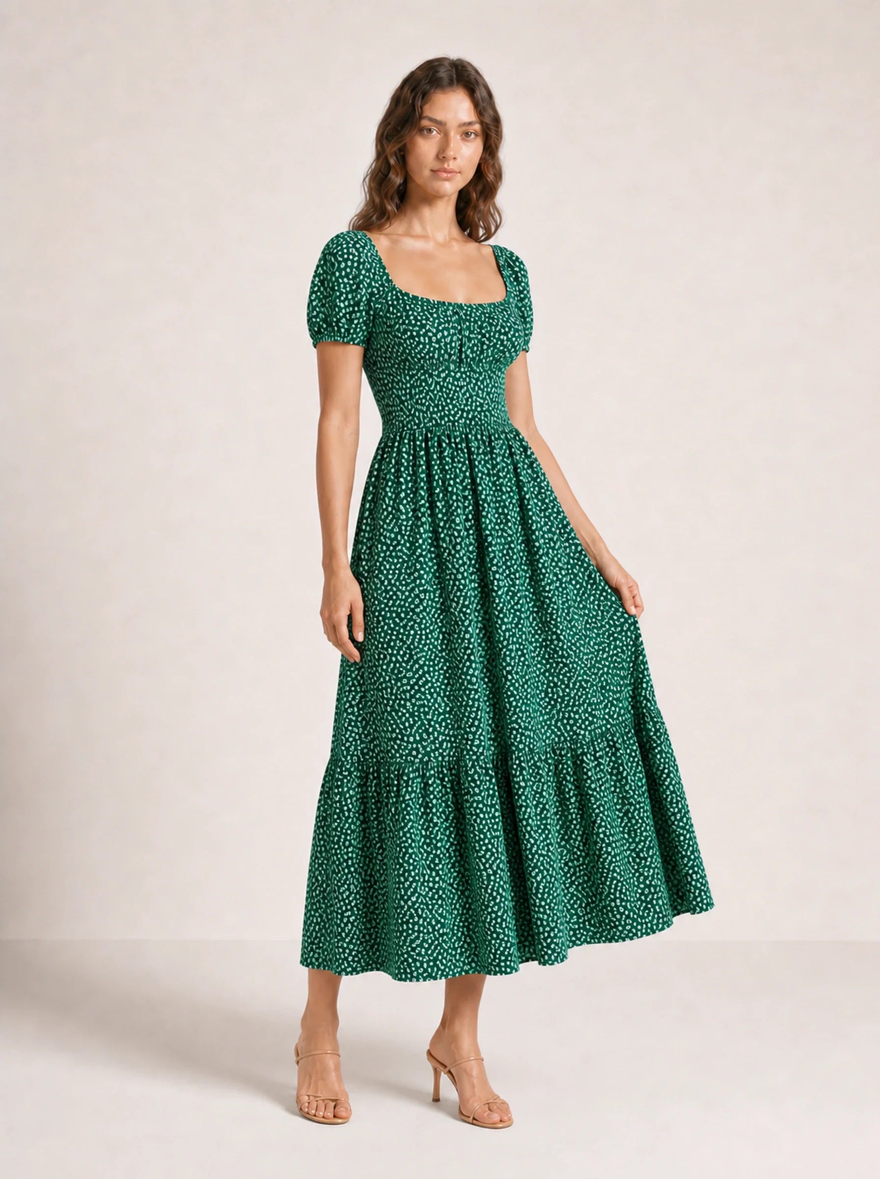 Floral Puff Sleeve Maxi Dress Isolde Rose - Green - Three Quarter