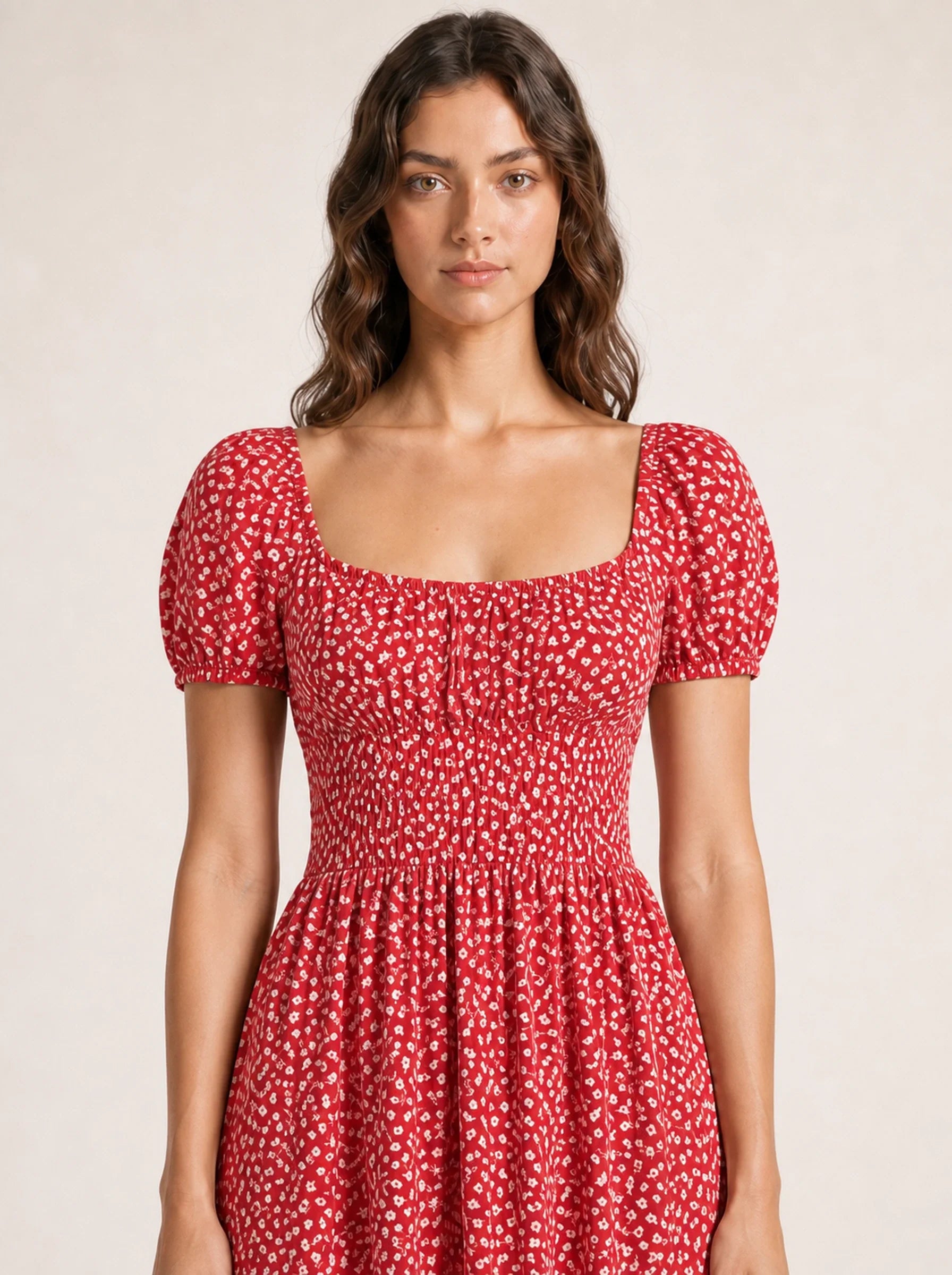 Floral Puff Sleeve Maxi Dress Isolde Rose - Red - Neckline Close Up