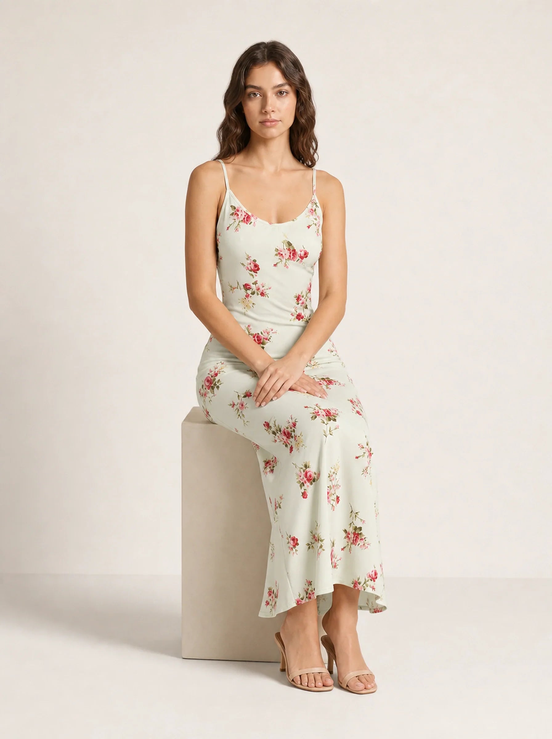 Knit Bodycon Backless Maxi Dress Aurore Rose - Apricot - Seated