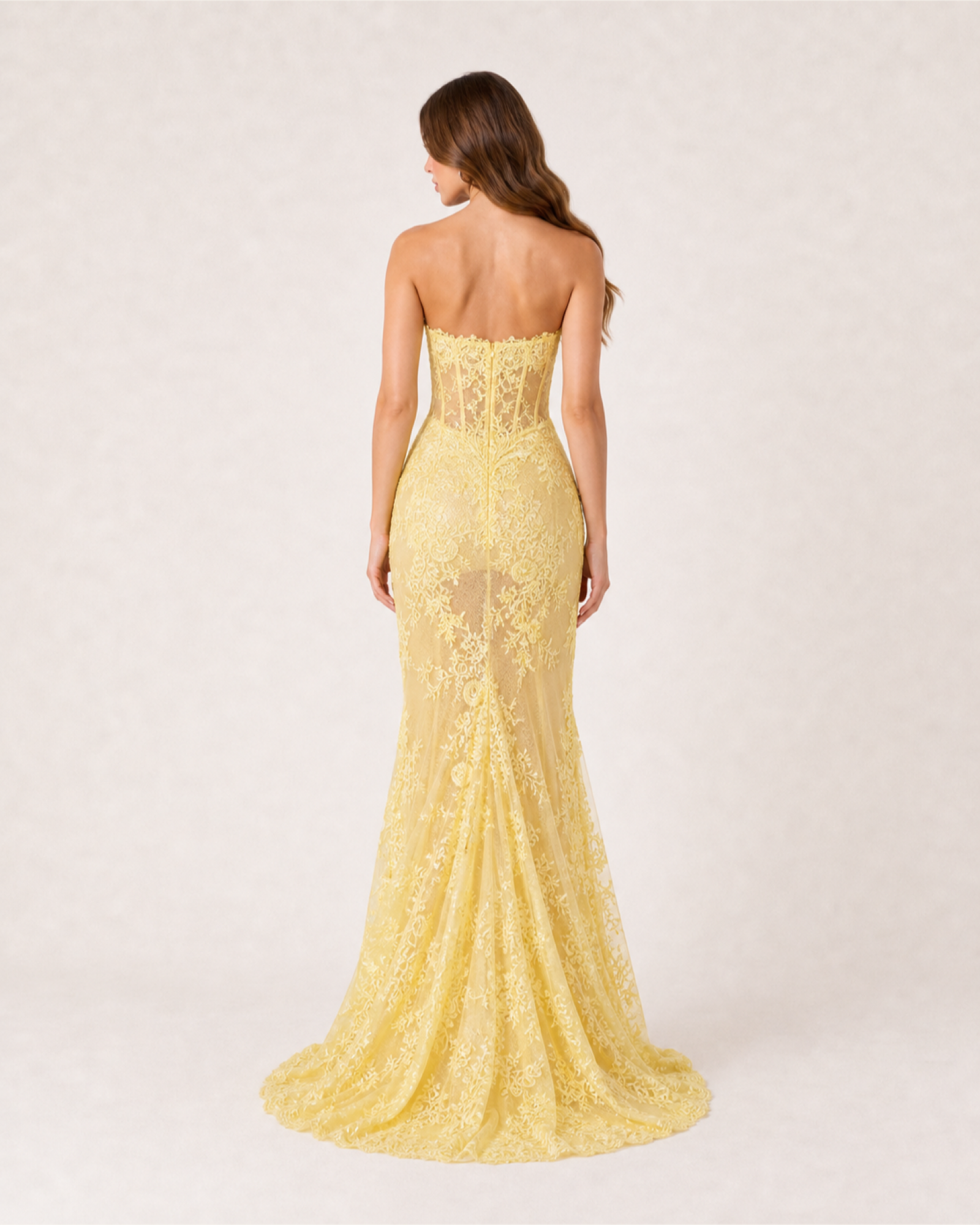 Embroidered Lace Mermaid Gown Marigold Rose - Yellow - Back
