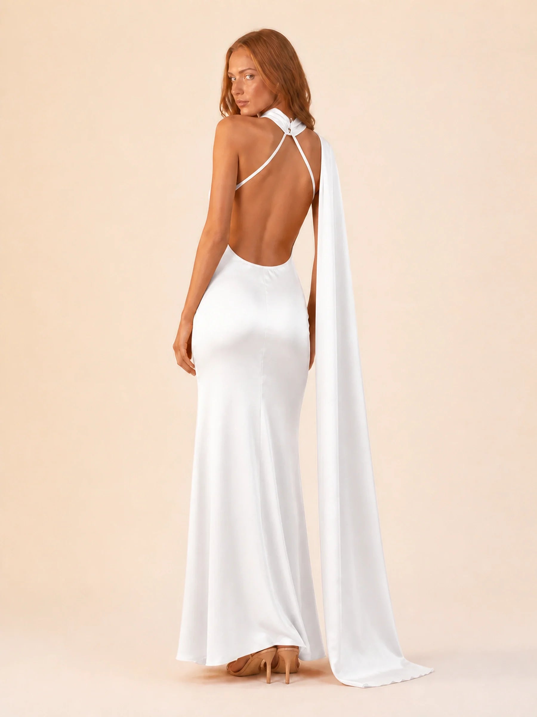 Satin Halter Dress Margot Rose - White - back