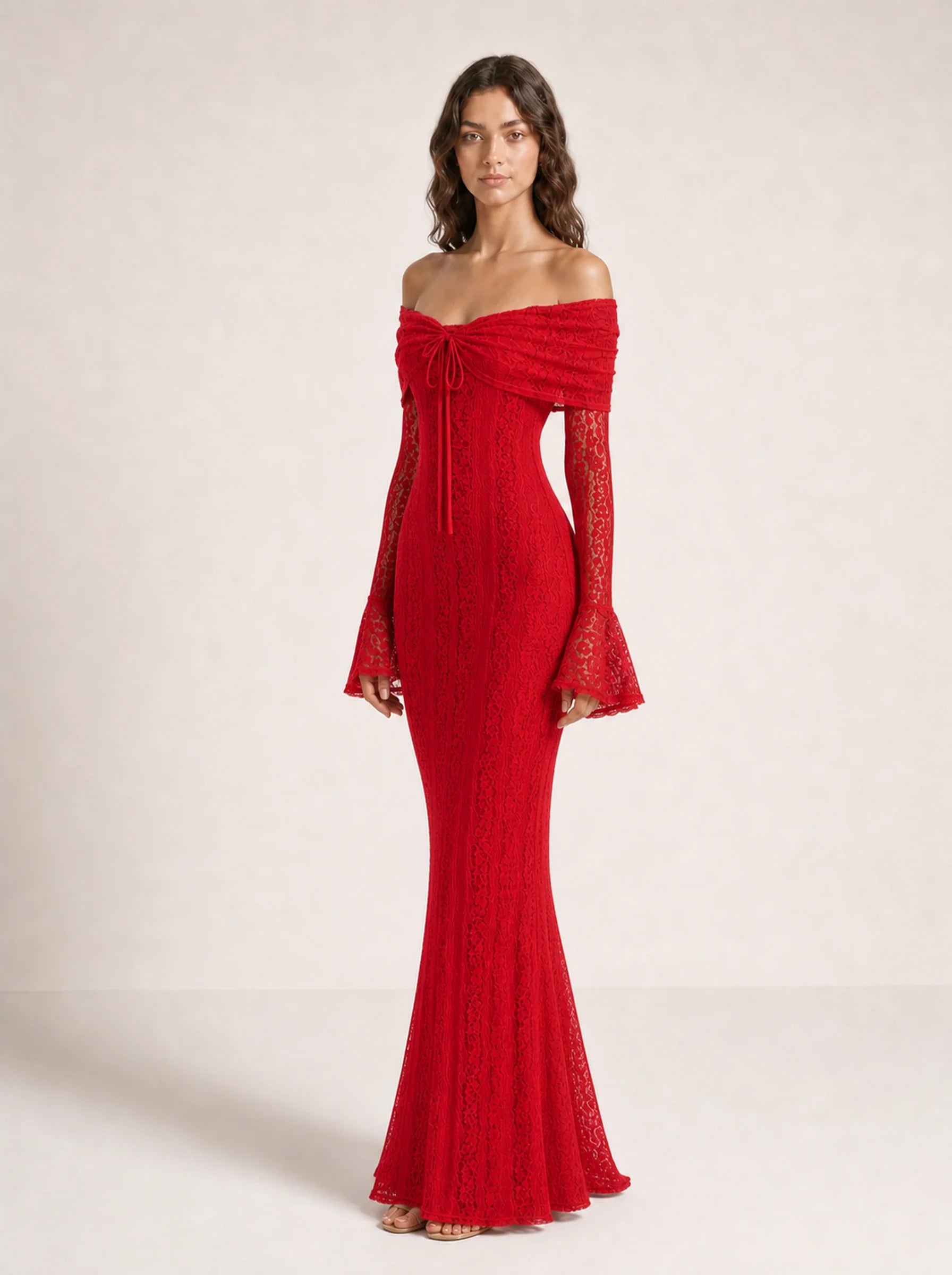 Lace Long Sleeve Gown Seraphina Rose - Red - 03 Three Quarter