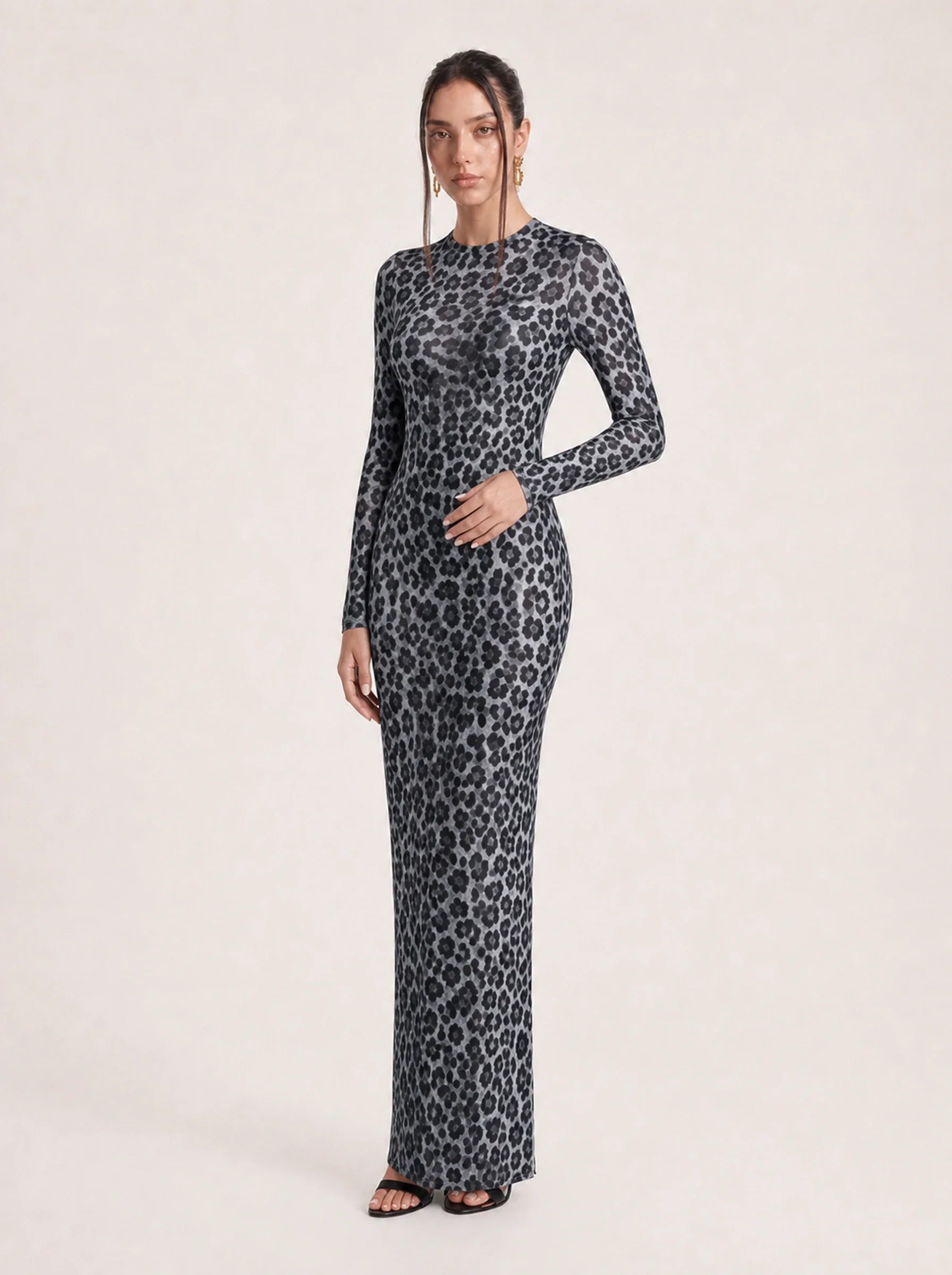 Mesh Leopard Print Maxi Dress Valentina Rose - Black - Three Quarter