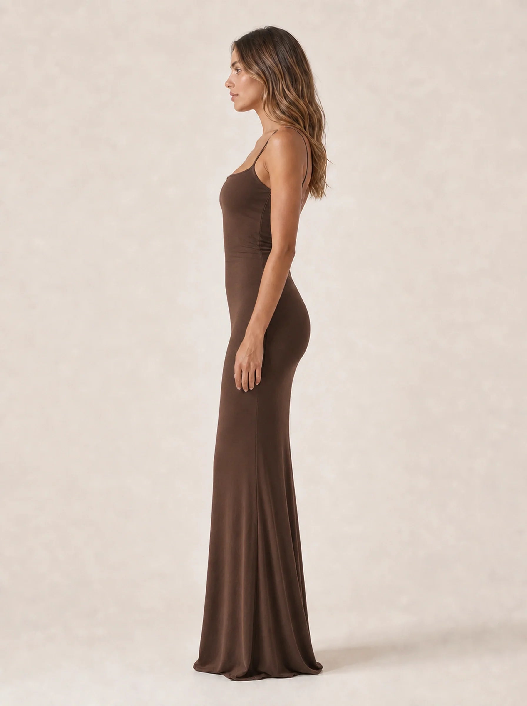 Bodycon Maxi Dress Bianca Rose in brown — left profile