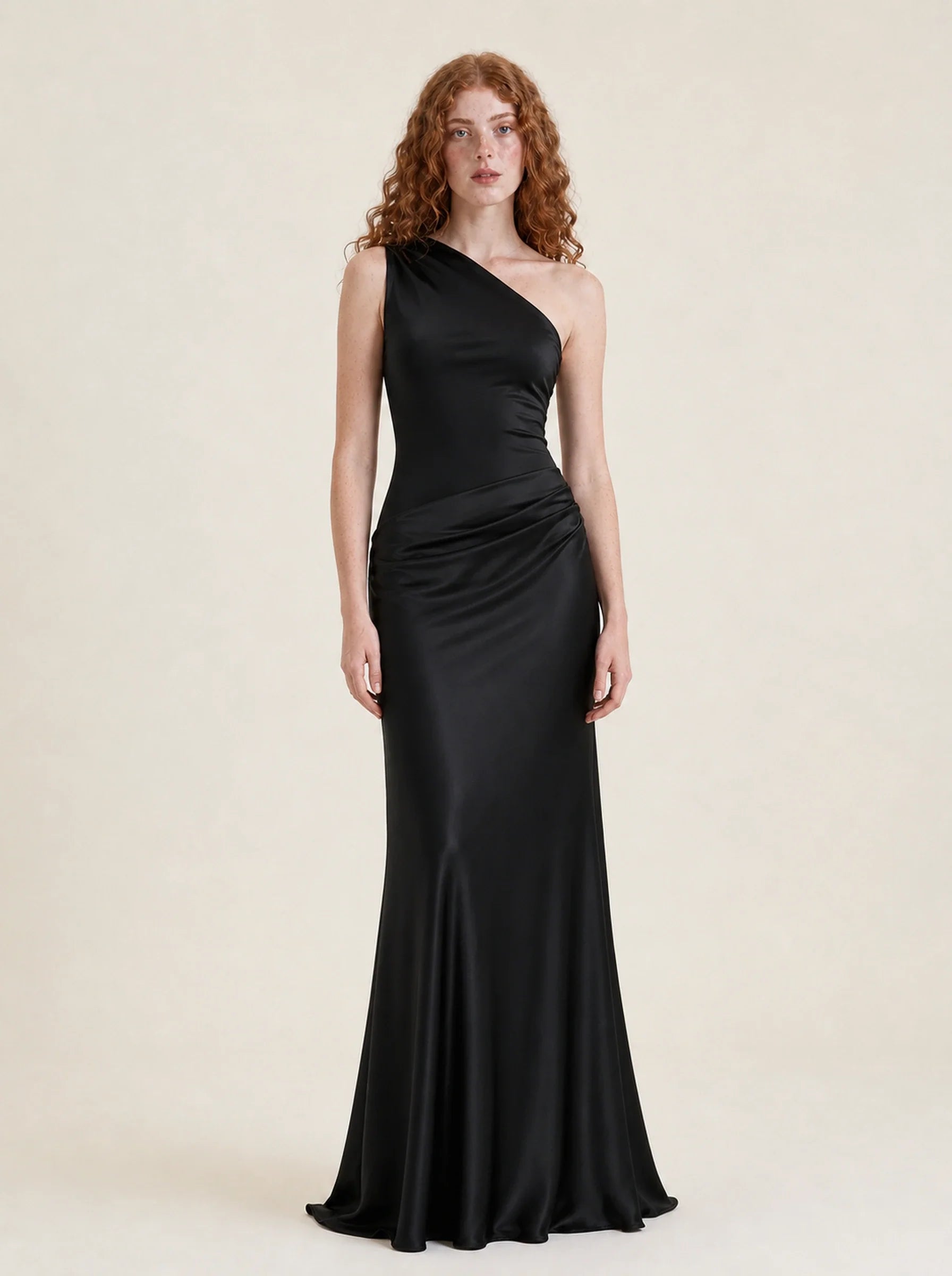 Satin One Shoulder Maxi Dress Celeste Rose — Black, front view