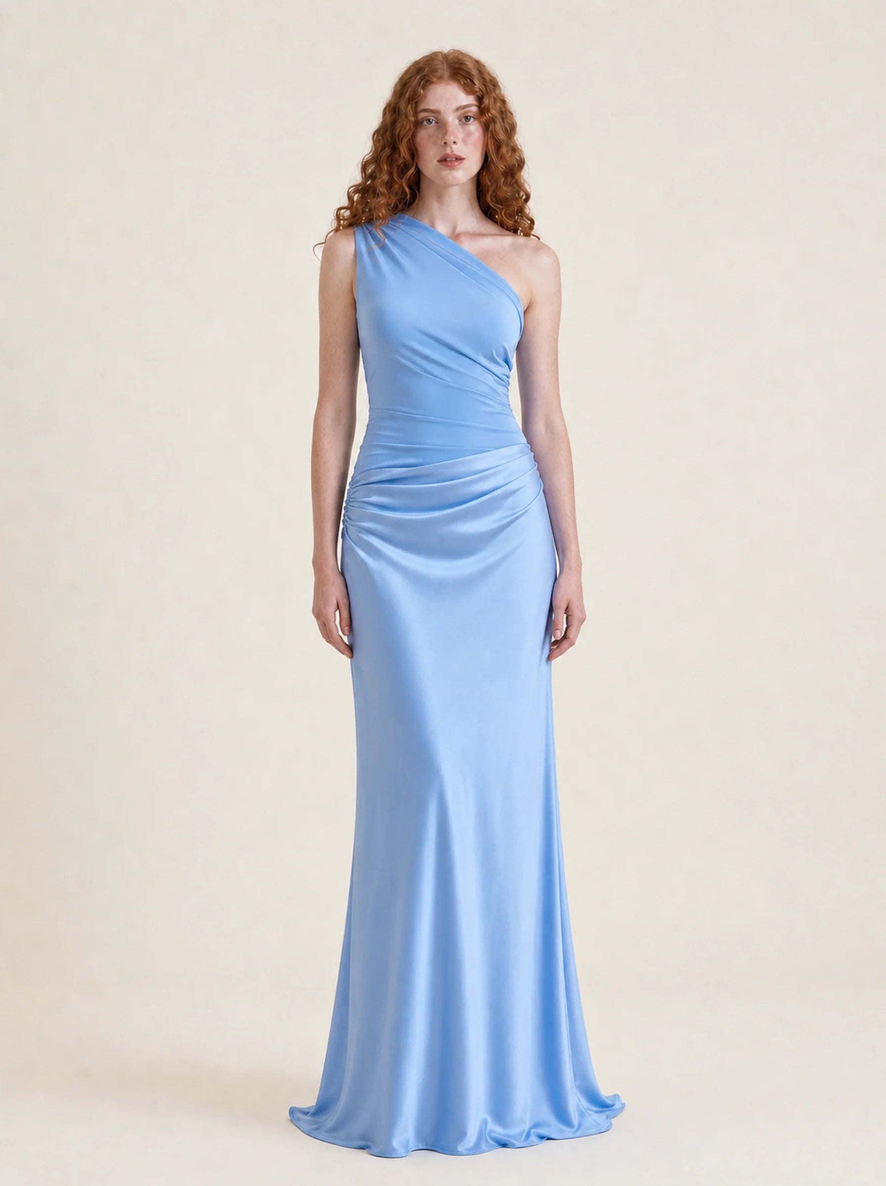 Satin One Shoulder Maxi Dress Celeste Rose — Blue, front view
