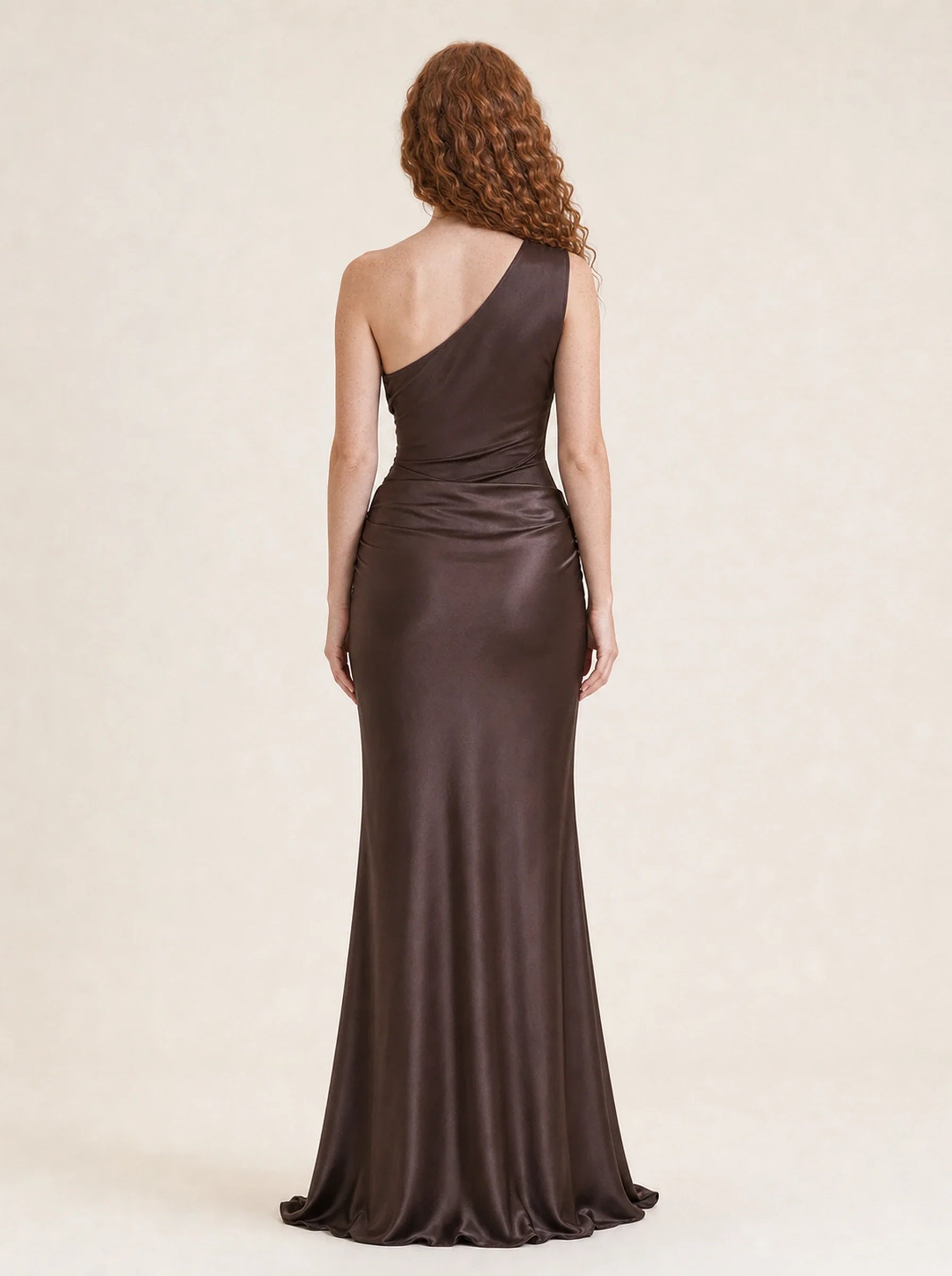 Satin One Shoulder Maxi Dress Celeste Rose — Brown, back view