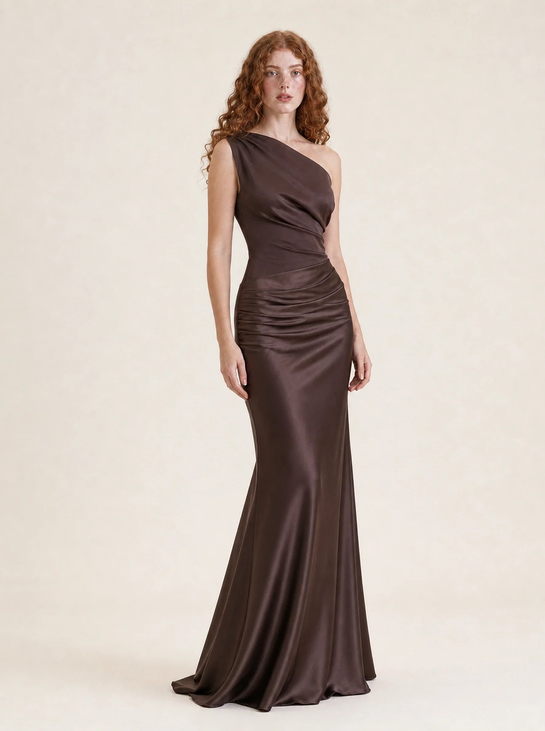 Satin One Shoulder Maxi Dress Celeste Rose — Brown, three-quarter view