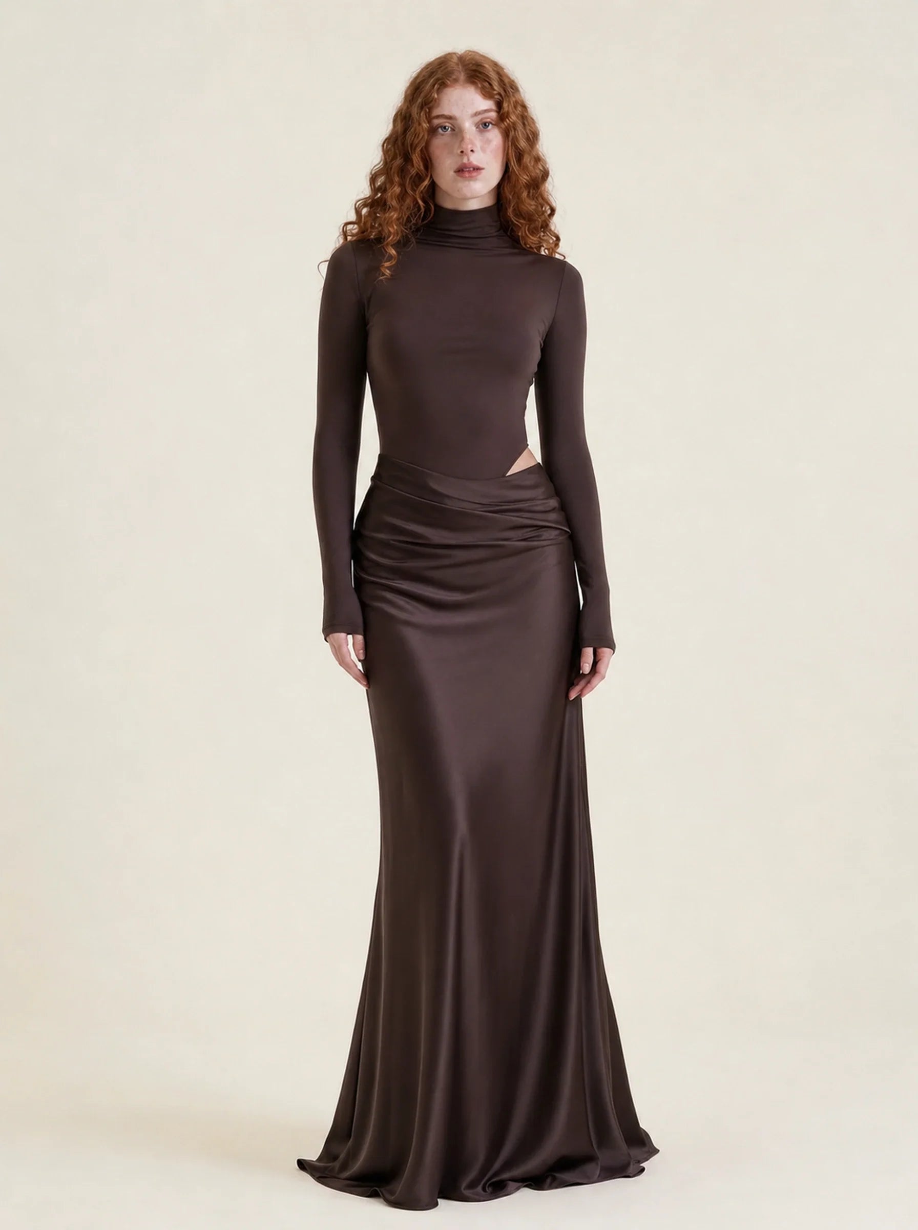 Satin One Shoulder Maxi Dress Celeste Rose — Coffee Long Sleeve, front view