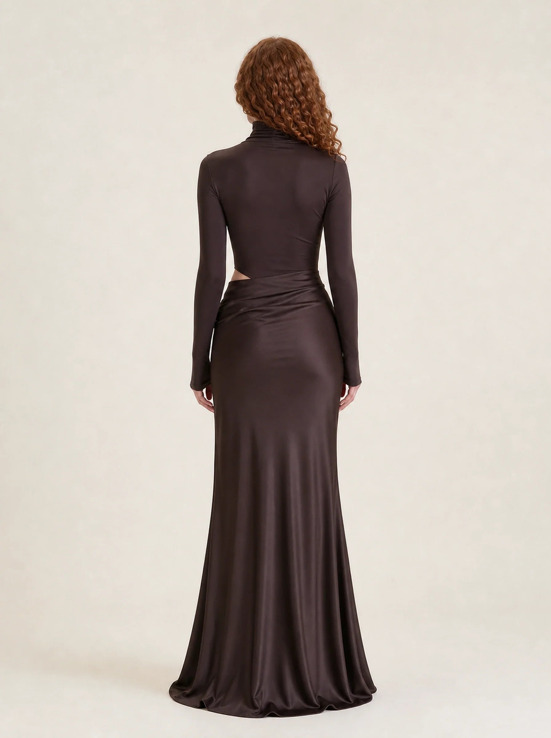 Satin One Shoulder Maxi Dress Celeste Rose — Coffee Long Sleeve, back view