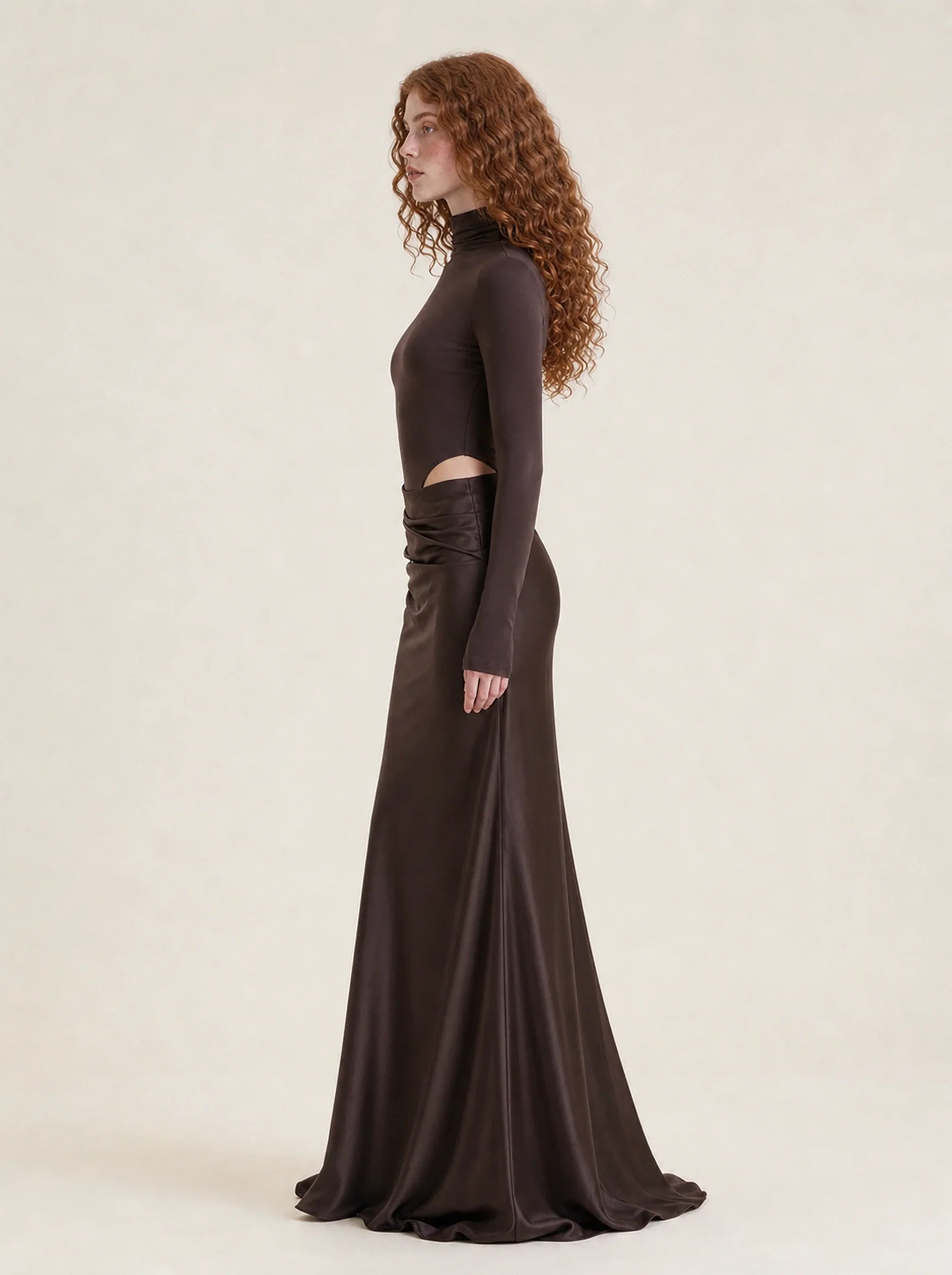 Satin One Shoulder Maxi Dress Celeste Rose — Coffee Long Sleeve, left profile